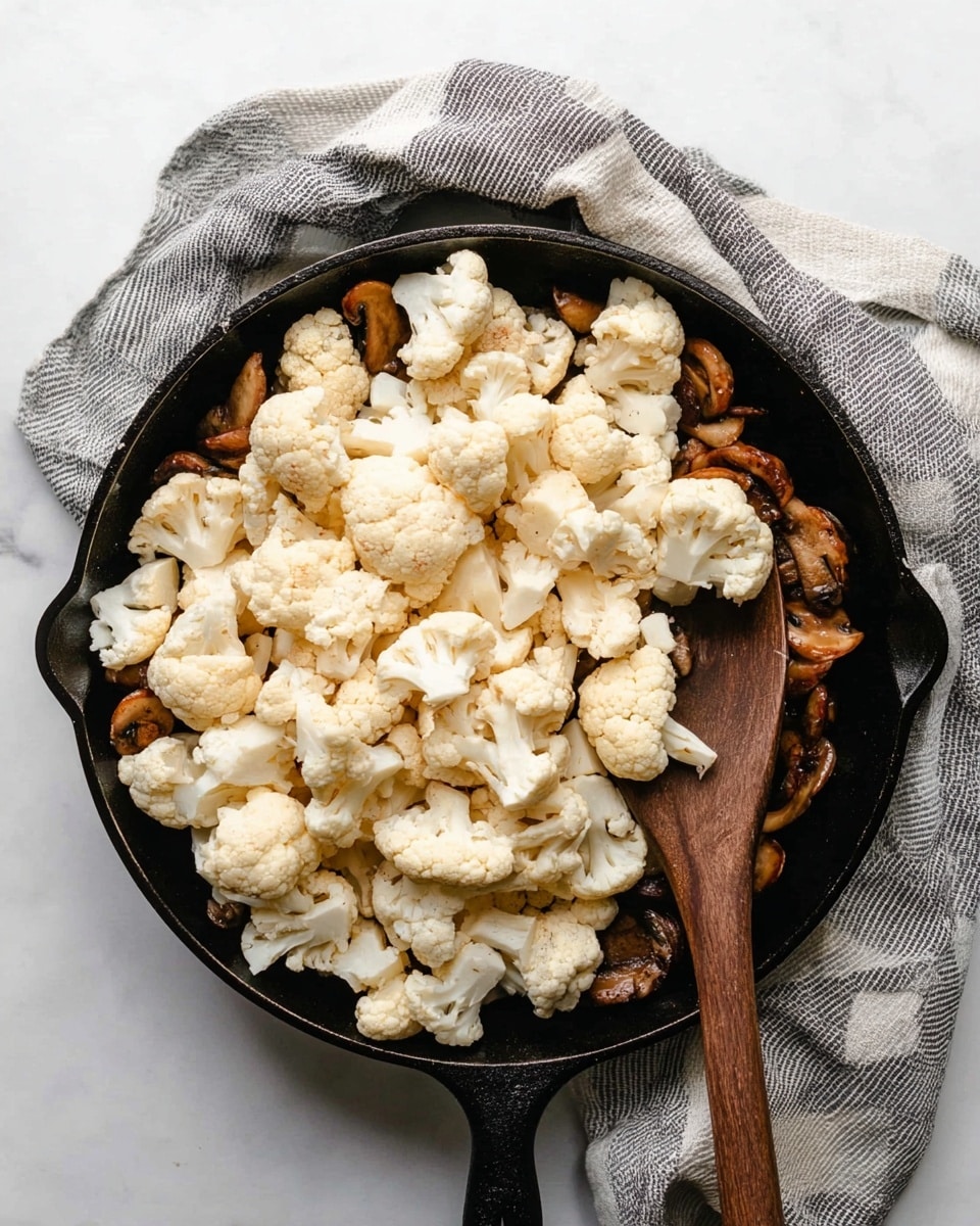 A black cast iron pan filled with two visible layers of food, placed on a white marbled surface with a gray and white cloth nearby. The bottom layer shows brown mushrooms with a slightly glossy texture, while the top layer is made up of many light cream-colored cauliflower florets of different sizes, covering the mushrooms. A wooden spoon with a dark handle rests inside the pan, partially under the cauliflower. Photo taken with an iphone --ar 4:5 --v 7