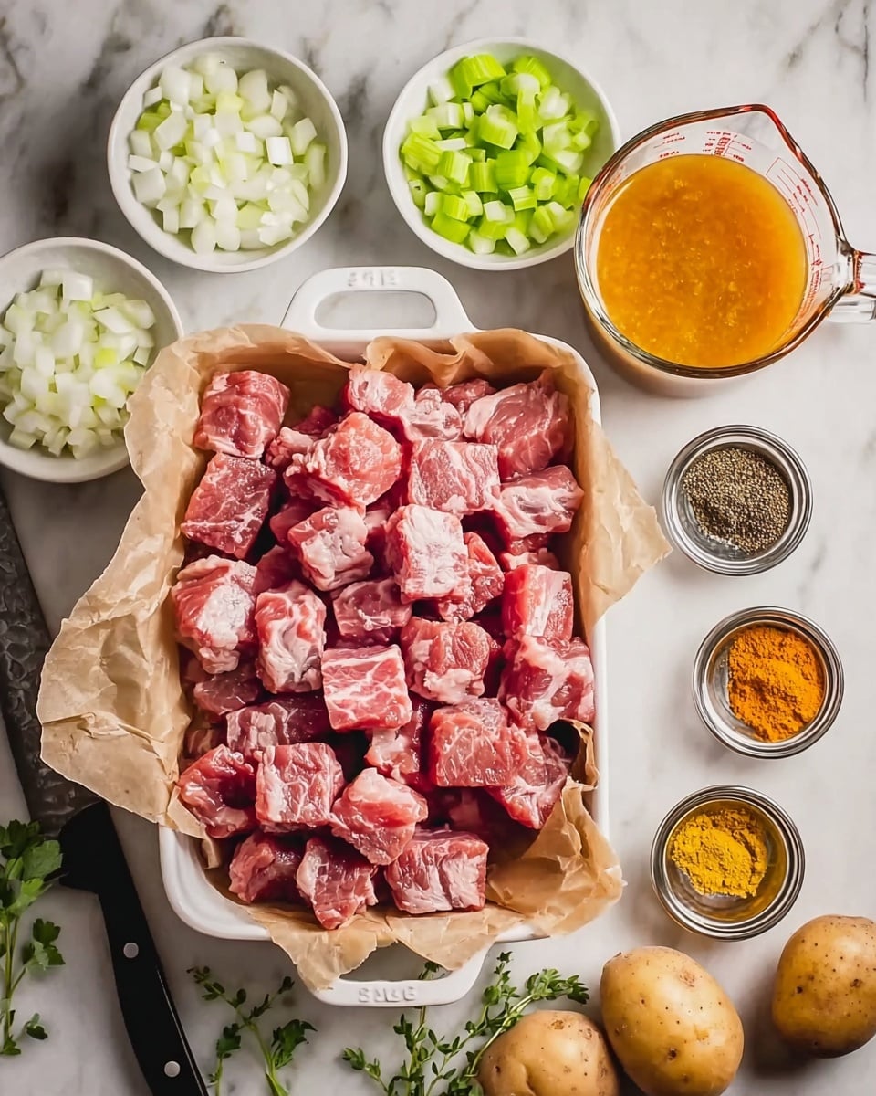The image shows a white rectangular dish lined with light brown parchment paper filled with many small cubes of raw pink meat with some white fat. Surrounding this dish are three small white bowls, two filled with chopped white onions and one with chopped green celery. A clear glass measuring cup filled with orange broth sits near the top right. Three small silver bowls on the right hold different colorful spices, including black, yellow, and red powders, arranged neatly. At the bottom right, two whole light brown potatoes are placed on a white marbled surface. Some green herb sprigs are scattered around, and a black knife rests near the bottom left corner. Photo taken with an iphone --ar 4:5 --v 7