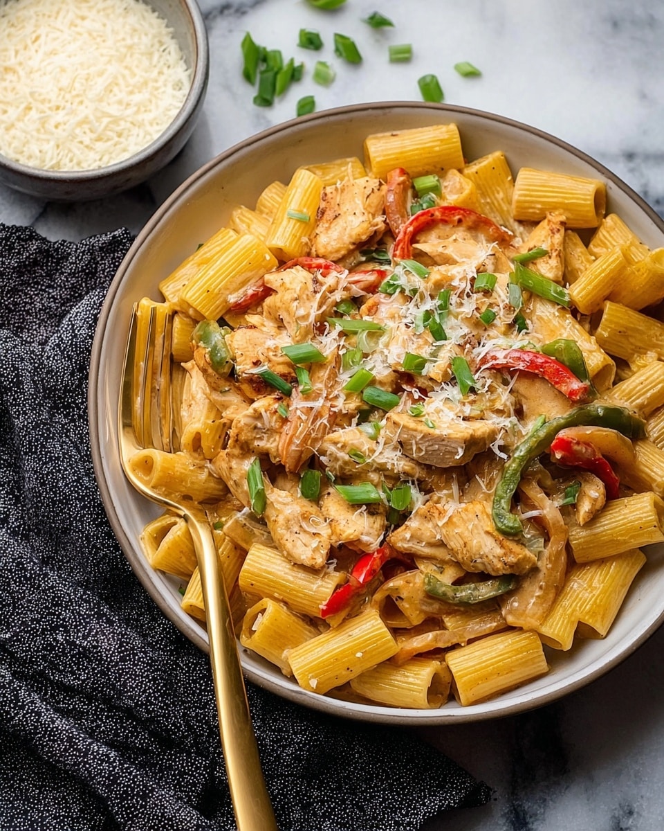 A round white bowl filled with three layers of food: the bottom layer is yellow rigatoni pasta, the middle layer has pieces of cooked chicken and thin red and green bell pepper strips, and the top layer is sprinkled with chopped green onions and grated cheese. The pasta and chicken have a creamy light brown sauce coating. A golden fork rests on the side of the bowl. The bowl is placed on a white marbled surface with a dark, textured cloth nearby, along with a small white bowl filled with grated cheese in the background. Photo taken with an iphone --ar 4:5 --v 7