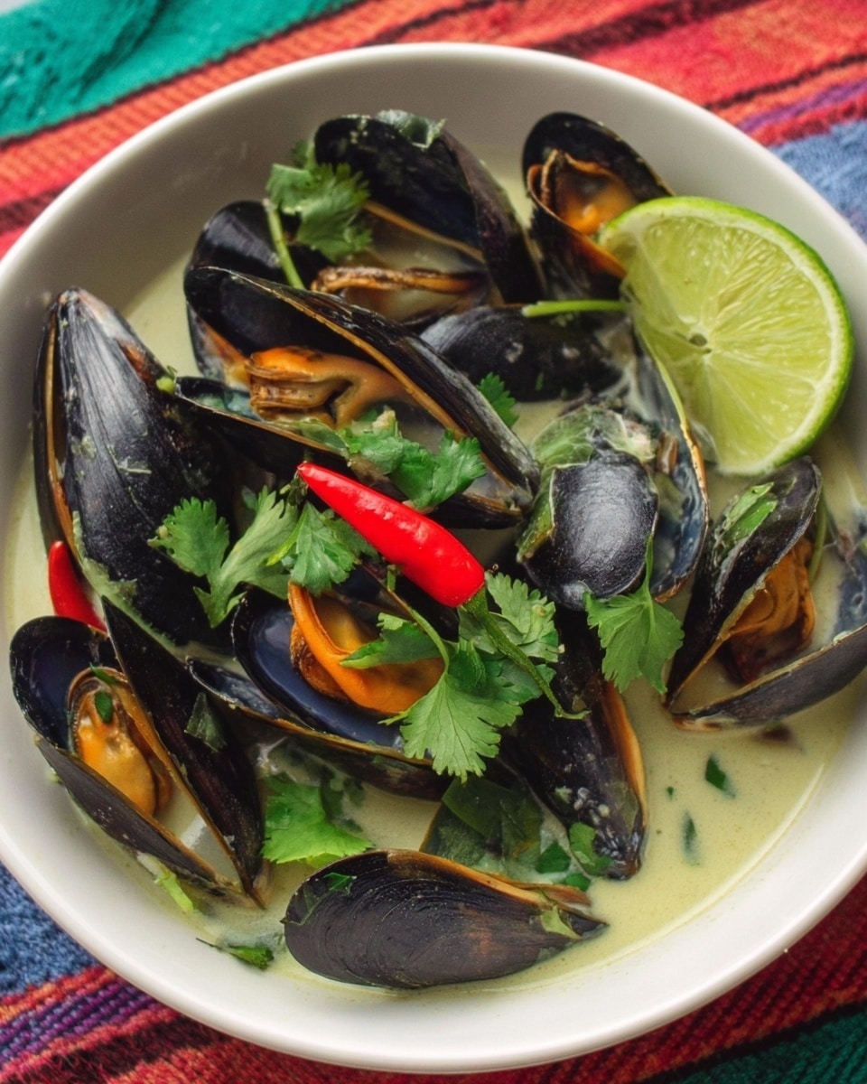 A white bowl filled with dark blue-black mussels, opened to show the orange flesh inside, sits on a white marbled surface covered by a colorful striped cloth underneath. The mussels rest in a creamy light green broth, garnished with fresh green cilantro leaves and a single small red chili pepper on top. A lime wedge and more cilantro leaves are placed near the edge inside the bowl, adding fresh green color contrast. The overall look is fresh and vibrant with dark, bright, and creamy colors. photo taken with an iphone --ar 4:5 --v 7