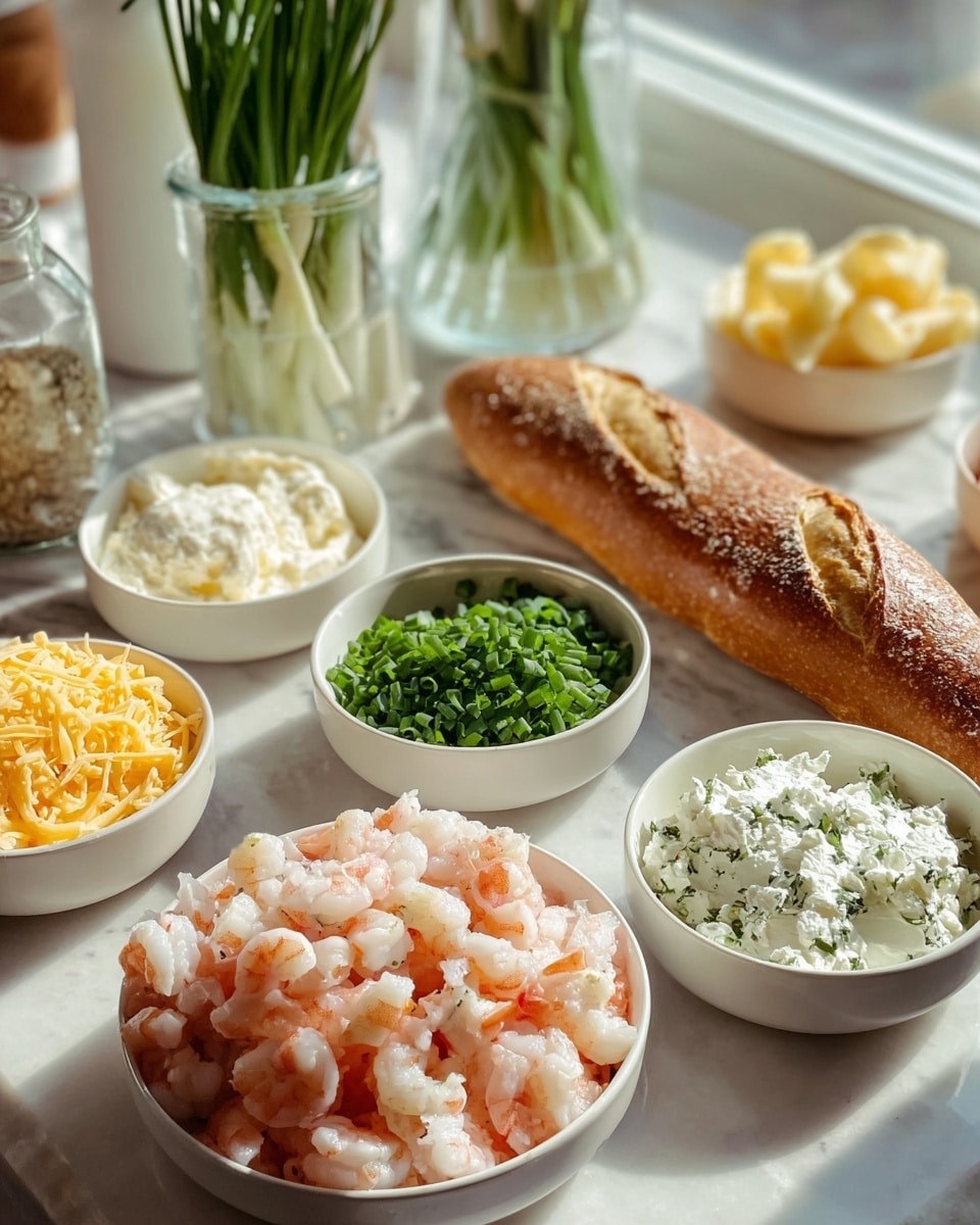 A white bowl is full of small pink and white shrimp pieces, placed in the bottom left of the image. Surrounding it, there are several small white bowls with different ingredients: one with shredded yellow cheese, one with finely chopped green onions, one with white cream cheese topped with green herbs, another with soft white cheese mixed with herbs, and a bowl with yellow butter curls. Behind all these bowls, a long crusty baguette rests on the surface. The background shows a white marbled texture with sunlight coming from a window, softly lighting the bowls and ingredients, with a few green stems in a glass jar in the background. photo taken with an iphone --ar 4:5 --v 7