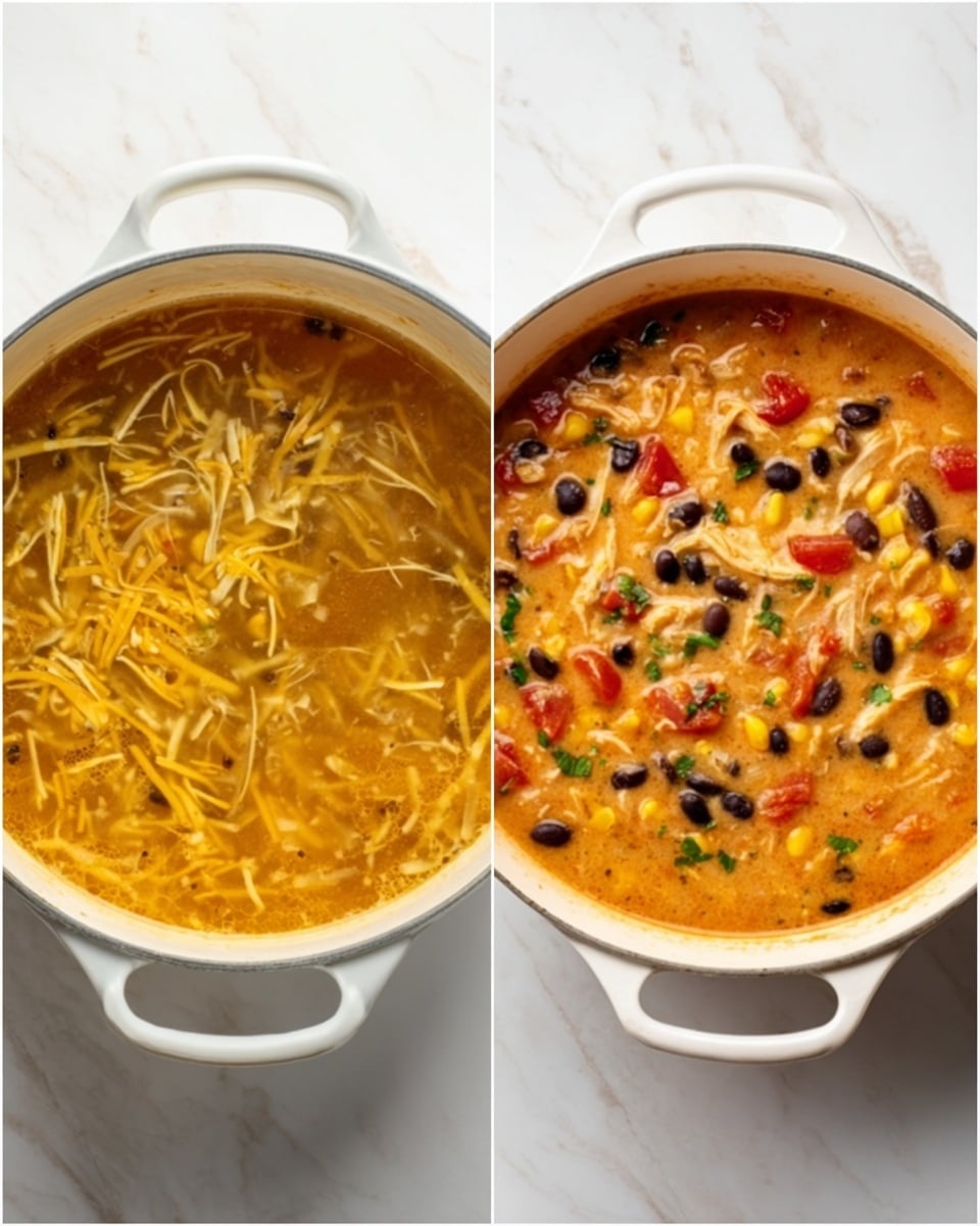 The image shows two white pots placed side by side on a white marbled surface. The pot on the left contains a clear soup with thin yellow shredded pieces floating on top, with a golden broth visible underneath. The pot on the right has a thick, creamy soup with many colorful ingredients: shredded white strips, yellow corn, black beans, diced red tomatoes, and bits of green herbs mixed evenly throughout the orange-tinted creamy base. Both pots have visible handles, and the difference between the thin broth soup and the thick, chunky creamy soup is clear. photo taken with an iphone --ar 4:5 --v 7