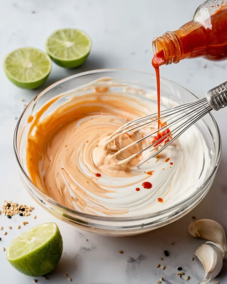 A clear glass bowl sits on a white marbled surface, filled with a mix of two creamy layers swirling together. The bottom layer is thick and white, smooth in texture, while the top layer is a light orange shade with a slightly airy appearance. A silver whisk is partially inside the bowl, lifting some of the mixture. A bottle is pouring red-orange sauce into the bowl, creating small droplets on the surface of the mixture. Around the bowl, there are two halves of green limes, a garlic clove, and a few scattered mustard seeds. Photo taken with an iphone --ar 4:5 --v 7