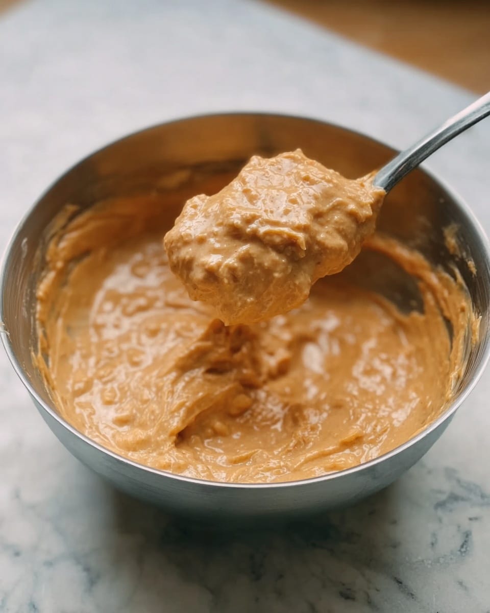 A close-up view of a shiny metal bowl filled with a thick, creamy mixture that is light brown and slightly chunky. A metal spoon is lifting some of the mixture out of the bowl, showing its textured and smooth surface. The bowl is placed on a white marbled surface with soft lighting enhancing the creamy texture and warm color of the mixture. photo taken with an iphone --ar 4:5 --v 7