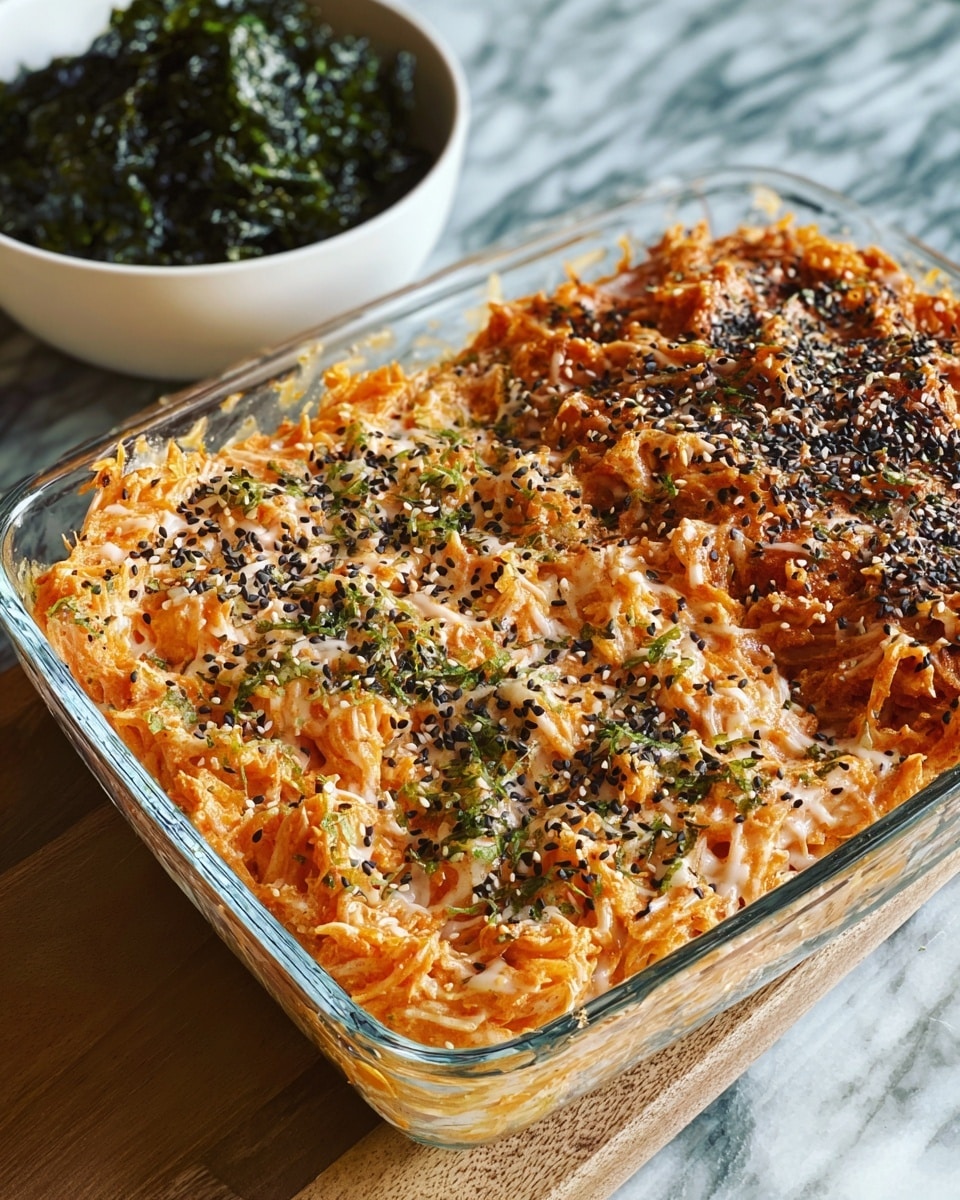 A clear glass dish filled with two main layers of food side by side, the left layer is textured with a creamy orange mix that looks soft and mixed with shredded ingredients, topped with black and white sesame seeds and green leafy flakes. The right layer has a darker reddish brown color, with a slightly crispy surface and streaks of a light creamy drizzle on top, also sprinkled with black and white sesame seeds. In the background, there is a white bowl filled with dark green leafy food on a white marbled surface. Photo taken with an iphone --ar 4:5 --v 7