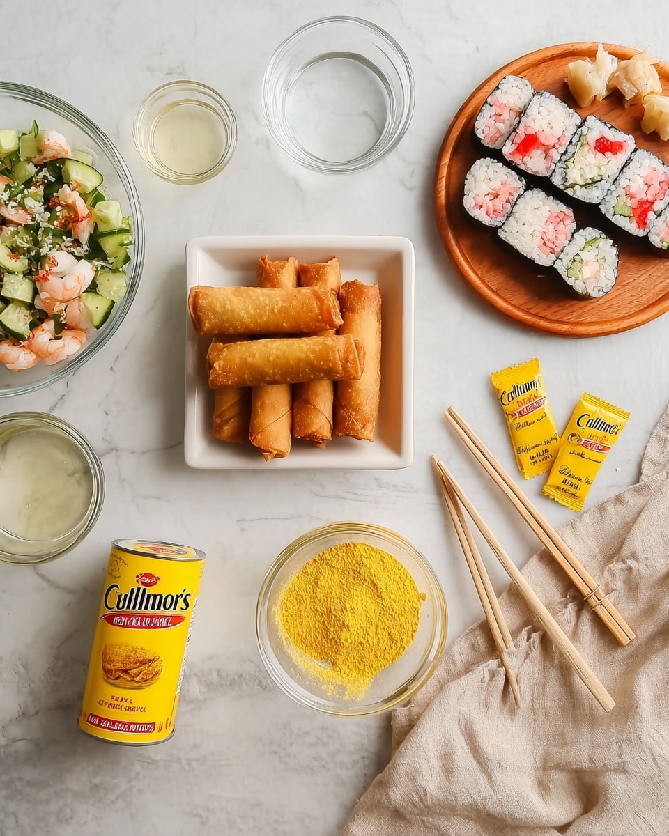 The image shows a white marbled surface with several food items arranged on it. On the left side, there is a square white bowl filled with six golden-brown crispy spring rolls stacked in two layers. To the right of the bowl, there is a clear glass bowl with a pile of yellow powder, and below it is an empty clear round bowl. Surrounding these, there are smaller round glass bowls containing clear liquids and one with a light-colored liquid. At the top left, there is a white bowl filled with a salad made of green cucumber pieces, white seafood pieces, and red seasoning. On the top right, there is a small round wooden plate with a row of sushi rolls topped with pink and green pieces, placed next to a pair of wooden chopsticks. Nearby are three small yellow packets and a yellow tin labeled