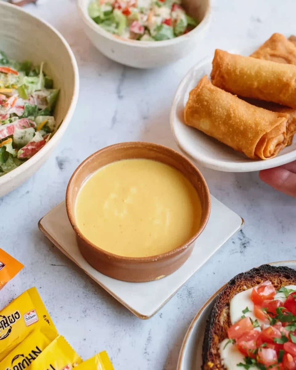 A woman's hand with red nail polish is holding a golden brown crispy egg roll filled with creamy yellow cheese, lifted above a wooden bowl filled with a thick, smooth, yellow cheese sauce. In the background, there are more egg rolls in a light-colored basket and some yellow condiment packets, all placed on a white marbled surface. Photo taken with an iphone --ar 4:5 --v 7
