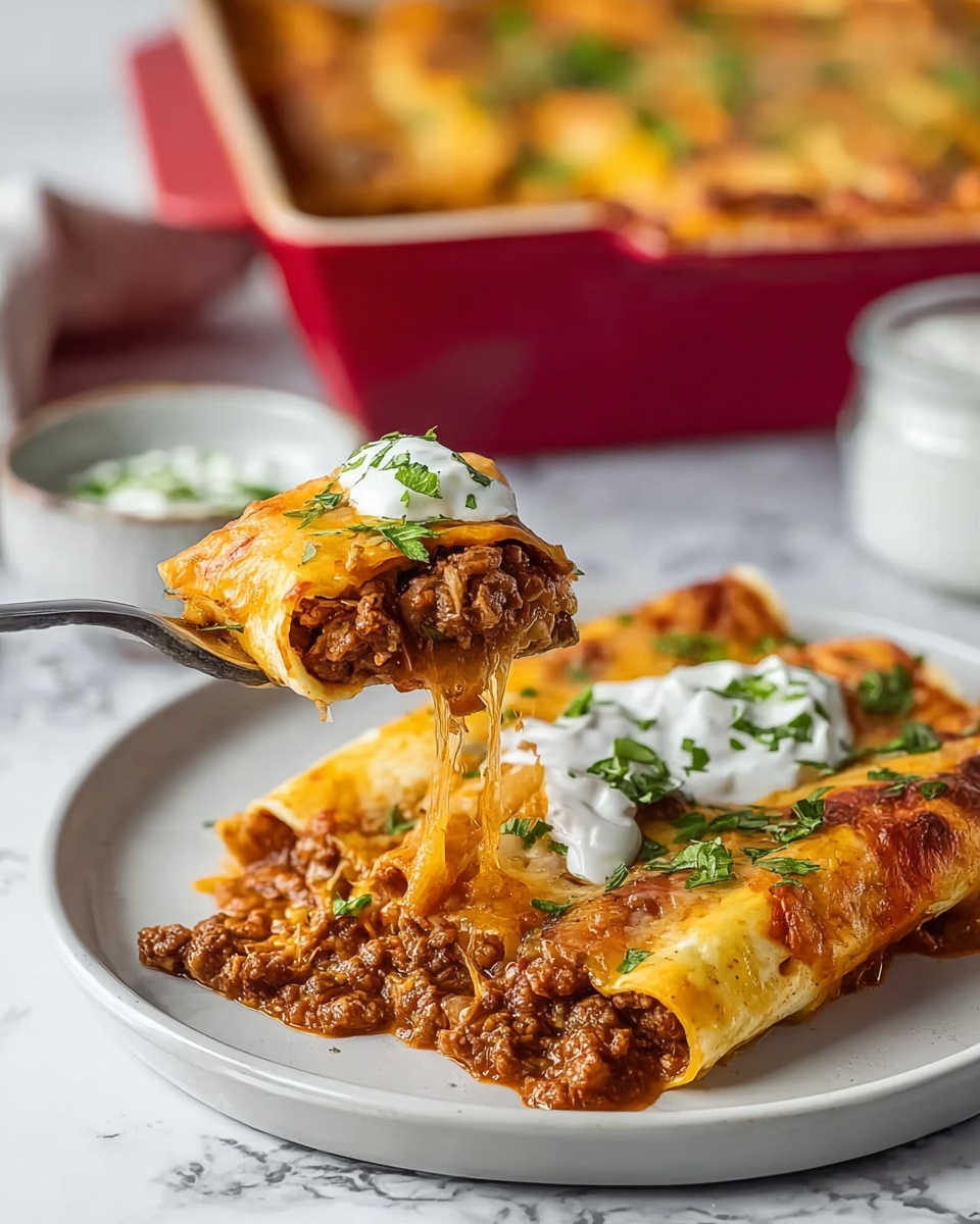 A white baking dish filled with baked enchiladas is shown on a white marbled surface. The enchiladas are arranged in a single layer, each rolled tightly with a reddish sauce soaked into the tortillas. The top is covered by a bubbly layer of melted cheese that has both white and yellow shades, mixed with small green chopped herbs sprinkled evenly across. A woman's hand is lifting one enchilada slice out, with melted cheese stretching down from it to the rest in the dish. In the foreground, a small white bowl with shredded cheese sits on the white marbled surface beside the baking dish. photo taken with an iphone --ar 4:5 --v 7