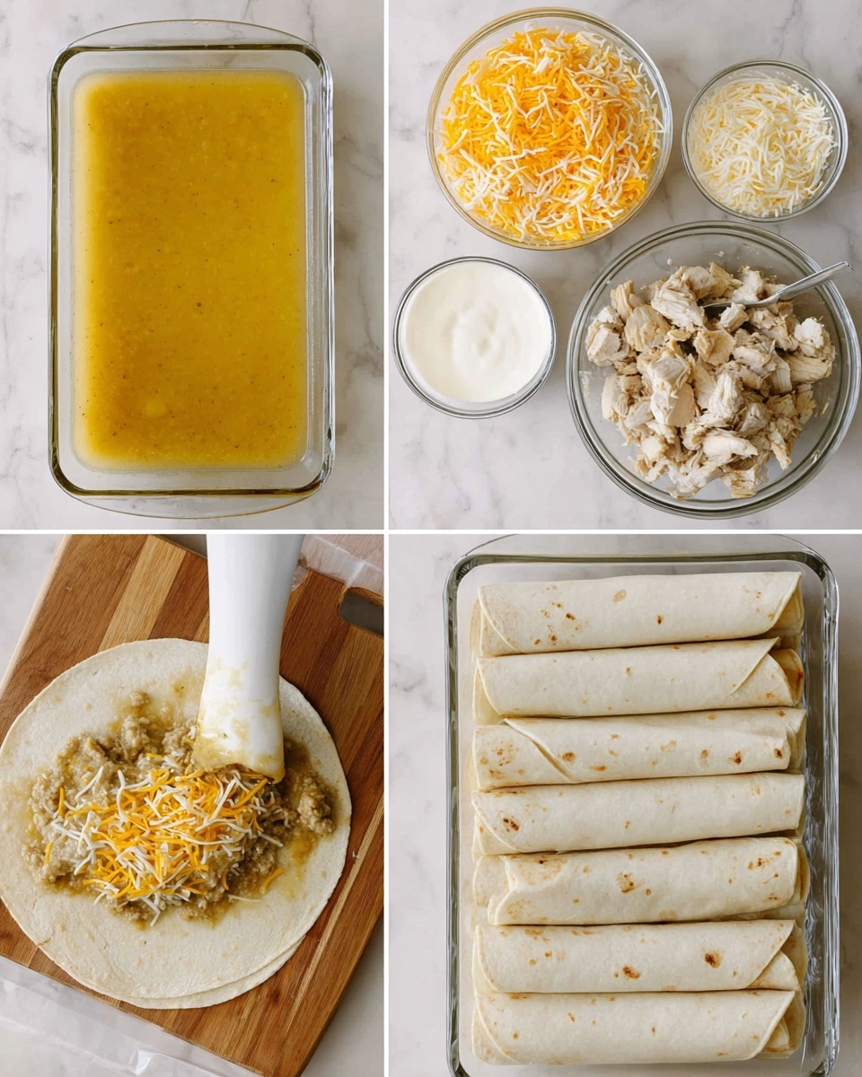 The image shows a cooking process in four parts against a white marbled surface. The top left shows a clear glass dish filled with yellow broth. The top right holds two clear bowls, one with shredded yellow and white cheese and the other with three ingredients: white cream, light beige cooked chicken pieces, and a green chili mixture. The bottom left shows a close-up of the chicken mixture being stirred with a white spoon and a tortilla on a wooden board piled with the chicken mixture topped with shredded cheese in the center. The bottom right shows eight rolled tortillas tightly placed side by side in a clear glass baking dish, ready to be baked. Photo taken with an iphone --ar 4:5 --v 7