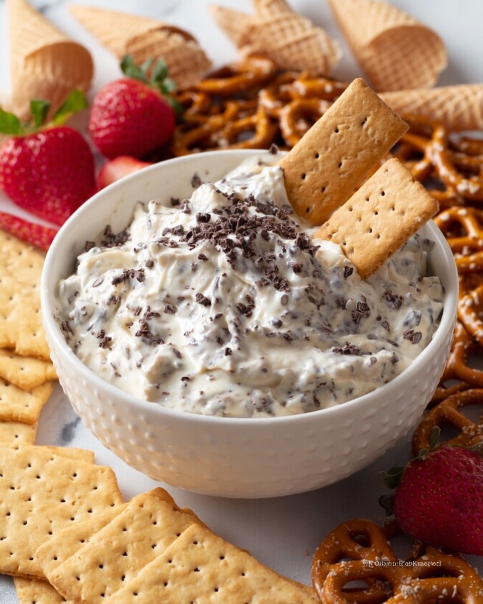 The image shows a white bowl filled with a creamy white dip mixed with small dark chocolate bits, giving it a speckled look. Two rectangular graham crackers are partially dipped and standing upright in the dip. Around the bowl, there are broken waffle cones, pretzels, more rectangular graham crackers, and sliced red strawberries, all arranged on a white marbled surface. photo taken with an iphone --ar 4:5 --v 7
