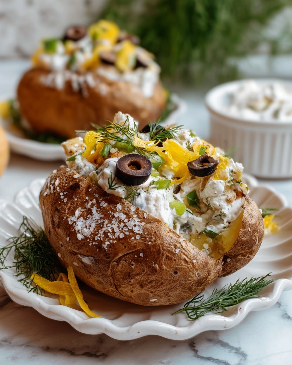 The image shows a baked potato with a rough brown skin slightly dusted with white salt, placed on a white, wavy-edged plate that rests on a white marbled surface. The potato is split open and filled with a creamy mixture that has a soft, lumpy white texture, with slices of dark olives and green peppers scattered on top. There are also small, curly yellow strips and fresh green dill sprigs placed around and on top of the filling, adding color and texture contrast. In the background, there is a second baked potato with similar toppings on another white plate, and a woman's hand holding a small white bowl with additional white creamy content, all set against a blurred white marbled surface. Photo taken with an iphone --ar 4:5 --v 7