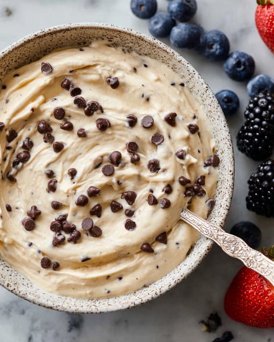 The image shows a white speckled bowl filled with a thick, creamy light beige mixture dotted with many small dark brown chocolate chips spread evenly across the surface. The texture is smooth with gentle swirling patterns, and a silver spoon with an ornate handle is partially submerged on the right side. Around the bowl on a white marbled surface, there are fresh blueberries, blackberries, and a ripe red strawberry, adding colorful contrast. Photo taken with an iphone --ar 4:5 --v 7