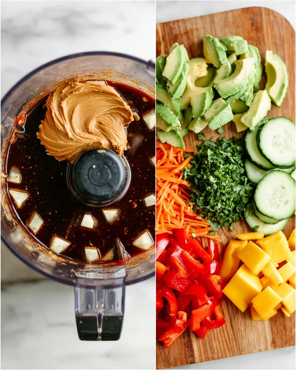 The image shows two close-up shots side by side on a white marbled surface. On the left, there is a clear food processor bowl filled with a dark brown liquid sauce with some small white chunks, topped with a large dollop of smooth light brown peanut butter, all sitting around the central blade inside the bowl. On the right, a wooden cutting board holds neatly organized chopped ingredients: top right is a bright green sliced avocado, below it a pile of finely chopped fresh green herbs, below that small orange shredded carrot pieces, a block of evenly cut yellow-orange chunks possibly mango, bright red diced bell pepper nearby, and thin pale green round cucumber slices at the bottom, all placed in distinct groups forming a colorful and fresh arrangement. Photo taken with an iphone --ar 4:5 --v 7