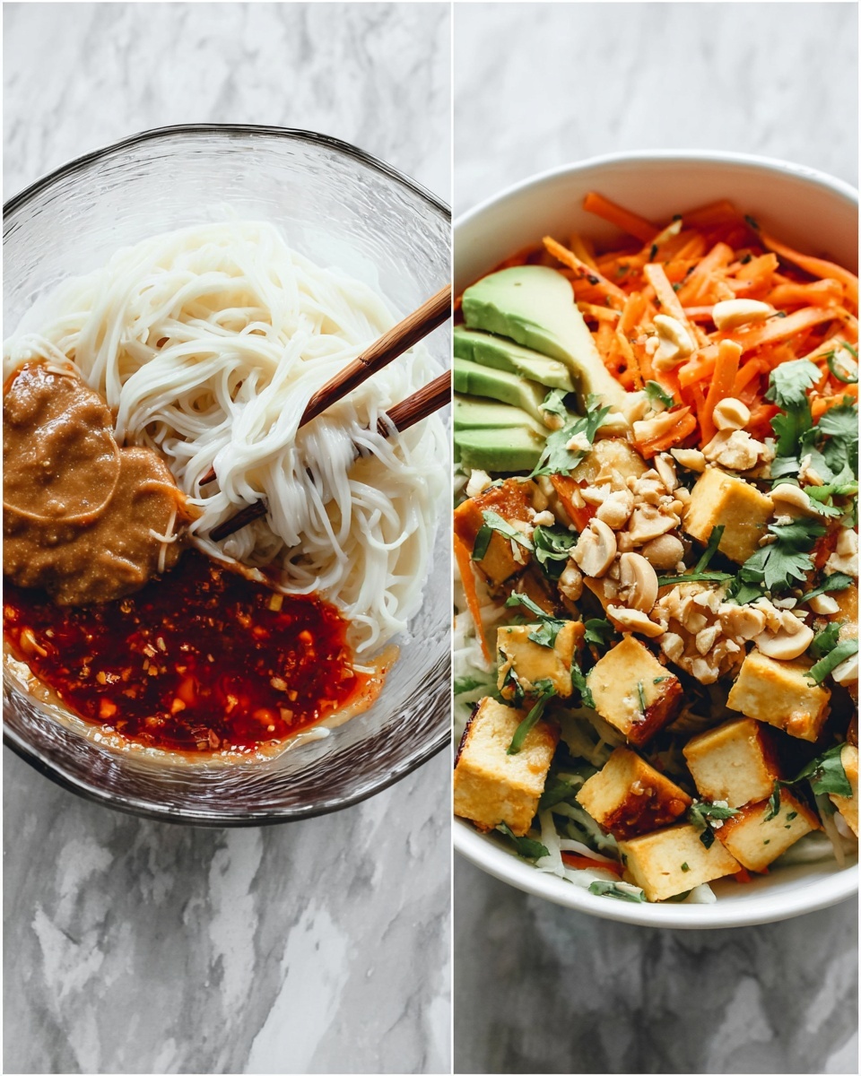 The image shows two parts of a noodle dish. On the left, there is a clear bowl filled with white noodles topped with two sauces: a brown thick sauce on one side and a bright red chili sauce on the other. On the right, a white bowl contains the prepared dish with many colorful layers. The top layer has chunks of golden tofu, thin orange carrot strips, green avocado slices, and some crushed nuts scattered across. Underneath, you can see light noodles mixed with fresh green herbs. A pair of wooden chopsticks is picking up some of the noodles and tofu from the bowl. The background and surface have a white marbled look. photo taken with an iphone --ar 4:5 --v 7