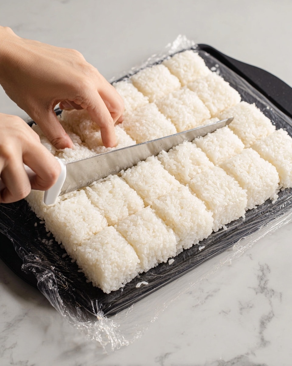 The image shows several small square appetizers on a white marbled surface, each with three layers. The bottom layer is a crispy, golden-brown rice cake with a crunchy texture. On top of that sits a thin layer of sliced green cucumber. The final top layer is a creamy, orange-tinted mixture, likely spicy salmon, garnished with a thin slice of bright green jalapeño pepper, small black and white sesame seeds, and tiny green chive pieces scattered around. All the pieces are neatly spaced with soft, natural light highlighting the textures and colors clearly. Photo taken with an iphone --ar 4:5 --v 7