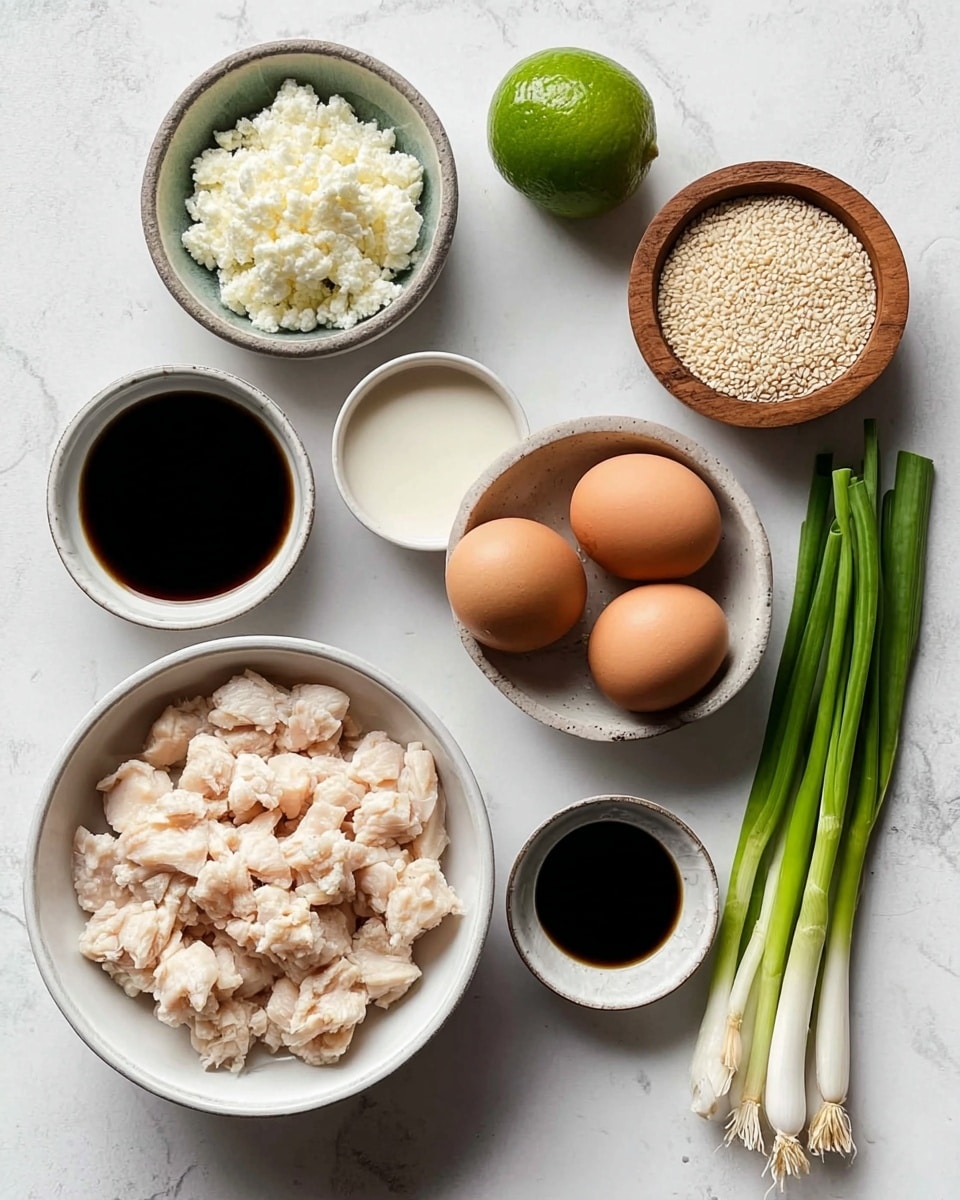 The image shows several small white bowls and one larger white bowl arranged on a white marbled surface. The top left bowl contains a light, crumbly white ingredient, while the small bowl beneath it holds a dark liquid, likely soy sauce. Next to this is another small bowl of white creamy sauce, and below that, a larger white bowl filled with pale, finely chopped cooked chicken pieces. At the top center is half a green lime, and to its right is a larger white bowl holding three brown eggs. There is a small wooden bowl filled with light beige sesame seeds near the lime. On the right side of the image, there are multiple green onions with white roots still attached, placed diagonally. Another small white bowl with dark liquid is at the bottom right. The whole arrangement is neat and evenly spaced on the white marbled surface. photo taken with an iphone --ar 4:5 --v 7