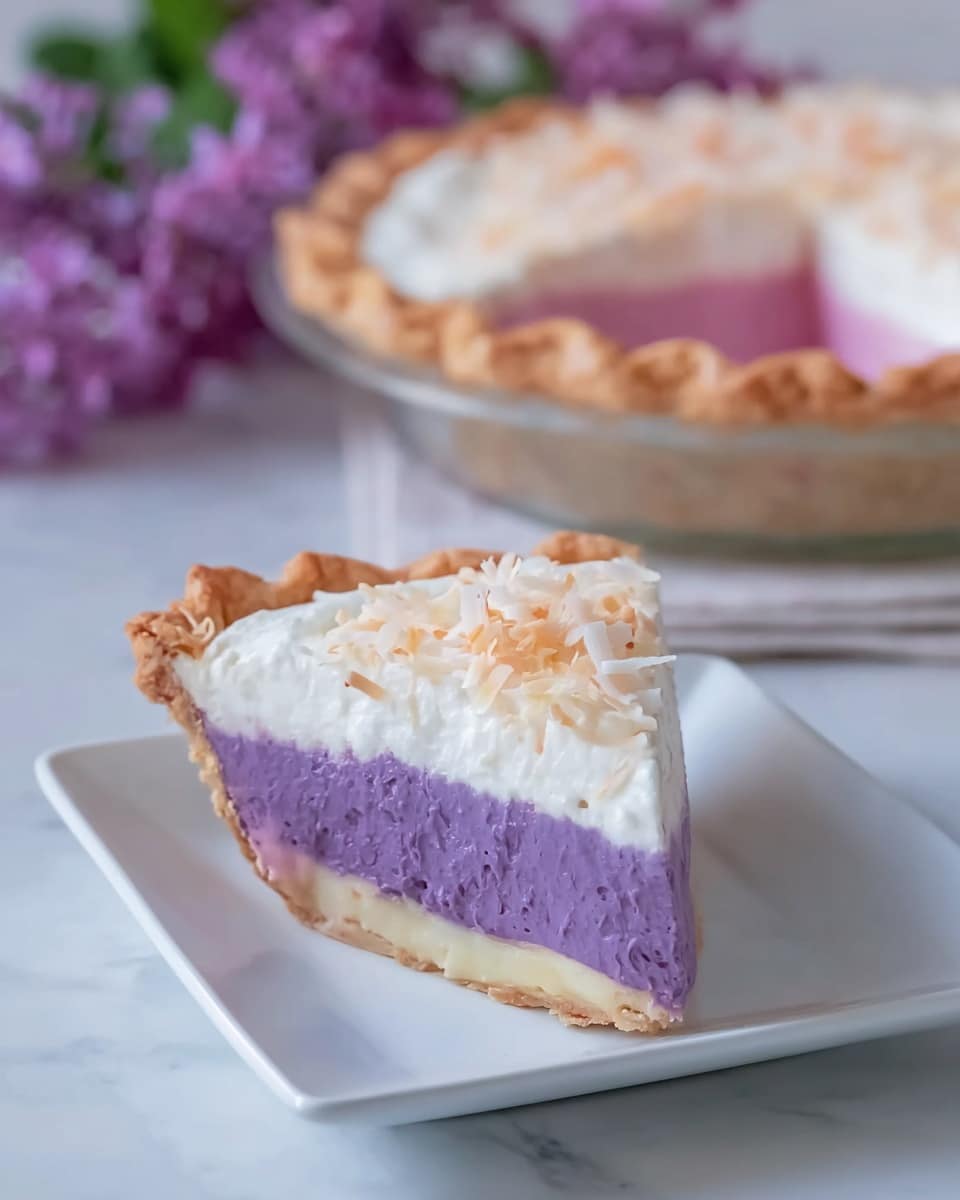 A slice of pie is on a white plate in the front, showing three layers: a thin light beige crust at the bottom, a thick purple filling in the middle with a smooth texture, and a creamy white topping layer with small shredded pieces on top. Behind the slice, there is a whole pie in a white bowl with a red outside rim, showing the white creamy top and light beige crust around the edge. The pie is placed on a white marbled surface with soft purple flowers blurred in the background. Photo taken with an iphone --ar 4:5 --v 7