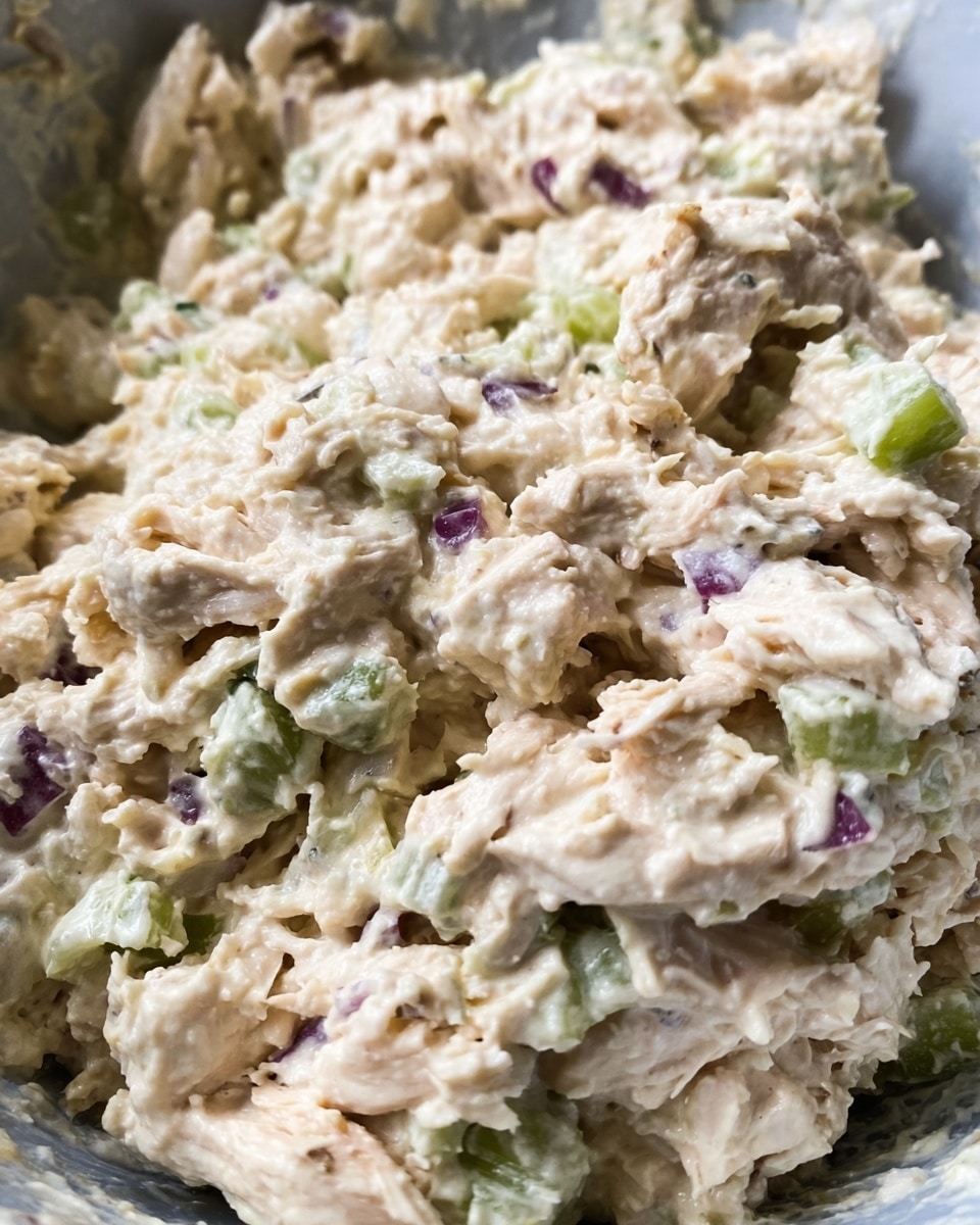This image shows a creamy chicken salad mixture in a bowl. The salad has pale beige chunks of shredded chicken mixed throughout with small pieces of light green celery and bits of purple onion, all coated in a thick, creamy dressing. The texture looks soft and slightly chunky with visible bits of vegetables spread evenly in the mix. The background is not visible, focusing closely on the salad itself. photo taken with an iphone --ar 4:5 --v 7