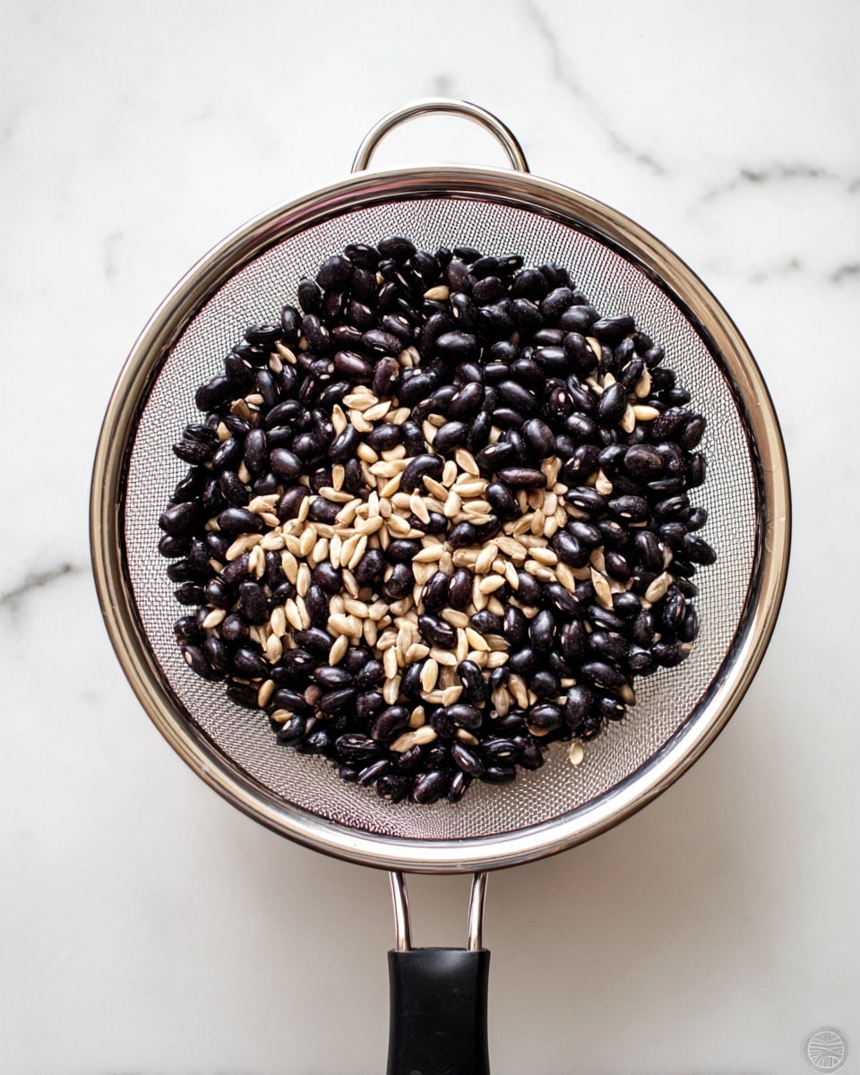 A silver metal sieve with black handles holds a mix of shiny black beans and light brown sunflower seeds. The beans and seeds fill the sieve evenly, showing a smooth, glossy texture on the beans and a matte, rough texture on the seeds. The sieve rests on a white marbled surface, and the photo is taken from above, centered on the sieve. photo taken with an iphone --ar 4:5 --v 7