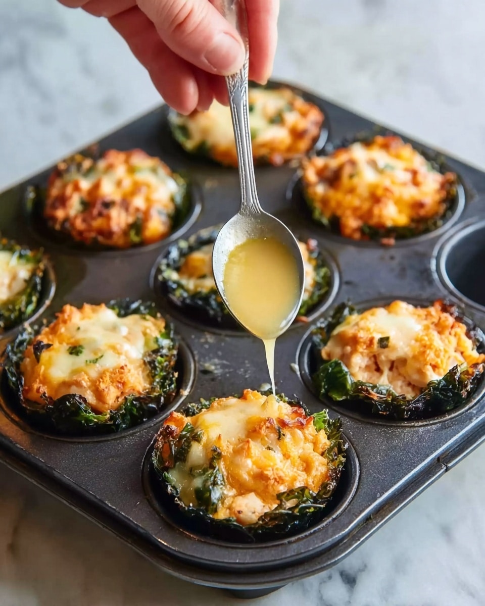The image shows six small baked dishes in a dark metal muffin tray, each with three visible layers: a dark green leafy base that looks crispy and curled up to the edges, a thick middle layer of orange-colored cheese mixed with small bits of vegetables or herbs, and a golden melted cheese top with slightly browned spots for a toasted effect. One woman's hand is holding a spoon above the closest dish, drizzling a light yellow sauce over the melted cheese layer. The dark tray rests on a white marbled surface, and the lighting highlights the textures and colors clearly. photo taken with an iphone --ar 4:5 --v 7