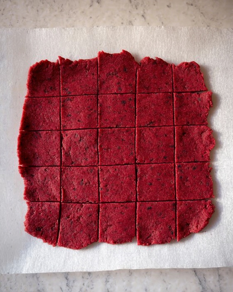 A single flat layer of deep red dough is rolled out unevenly on a white marbled surface, lined with parchment paper underneath. The dough is scored into a grid of 35 smaller square pieces, with clear straight lines forming the squares but not fully separated. The dough has a smooth texture with some small dark flecks scattered throughout. photo taken with an iphone --ar 4:5 --v 7