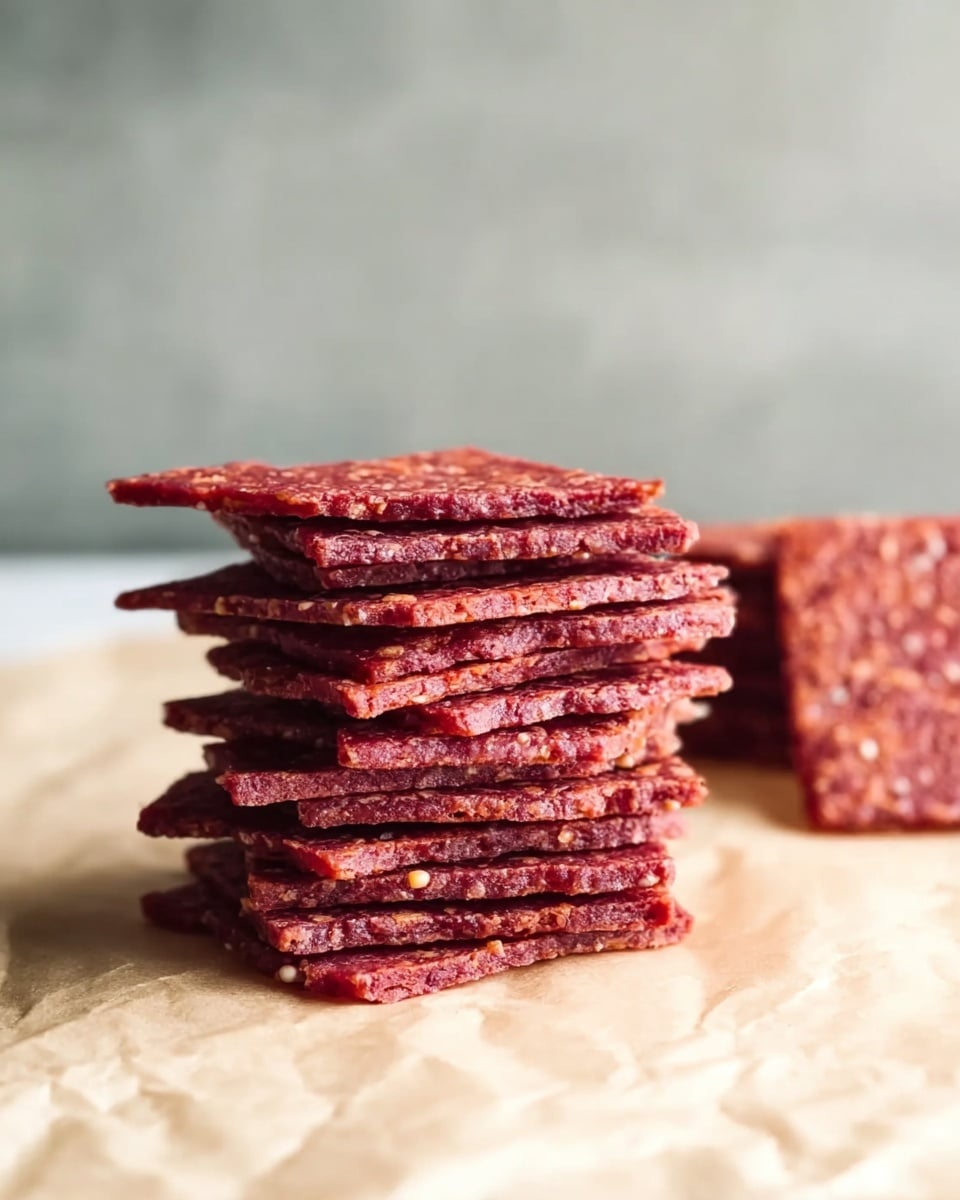 The image shows two stacks of square reddish crackers placed on a white marbled textured surface with baking paper beneath them. The stack in the front is taller, made of around 15 thin layers, each cracker having a rough texture with small white specks inside and uneven edges. The stack in the background is shorter and slightly out of focus, also made of several reddish crackers with a similar texture. The lighting is soft, highlighting the crackers' rough surface and the white specks within them. Photo taken with an iphone --ar 4:5 --v 7