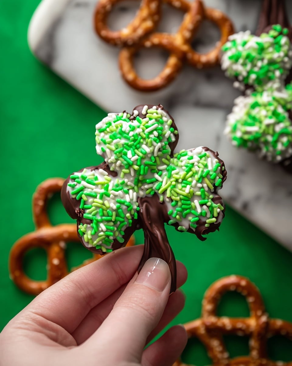 The image shows several pretzels shaped like four-leaf clovers on a white marbled surface. Each pretzel has three layers: the bottom layer is the brown twisted pretzel, the middle layer is a smooth coating of dark chocolate covering part of the pretzel, and the top layer is a thick, bright green icing piped in a clover shape with four rounded petals. The green icing is decorated with small green and gold round sprinkles concentrated in the center and scattered lightly over the petals. The lighting highlights the glossy texture of the icing and chocolate, making the colors pop. Photo taken with an iphone --ar 4:5 --v 7