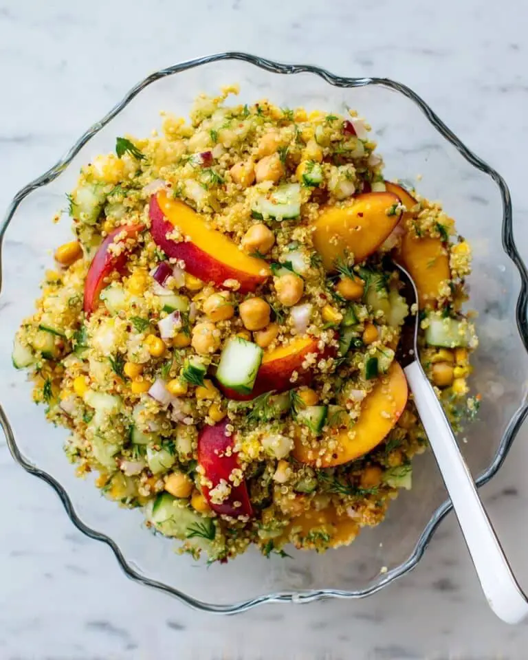 Quinoa Salad with Nectarines, Corn, Cucumber, Roasted Chickpeas, and Ginger Dressing Recipe