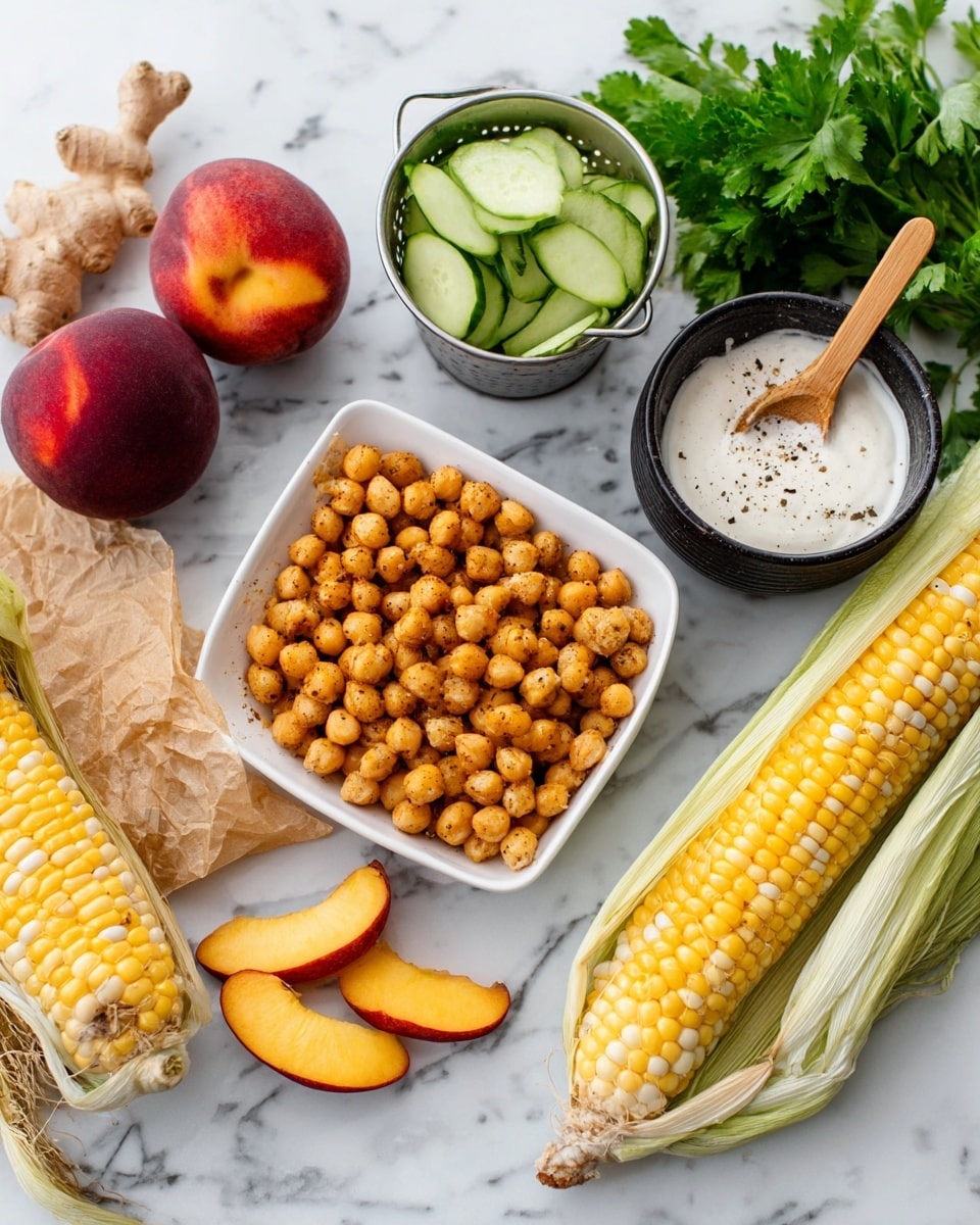 The image shows a white square dish filled with light brown roasted chickpeas in the center, placed on a white marbled surface. To the left, there is a whole dark red peach with a half peach and two peach slices in front of it. Above the peaches, there is a metal cup filled with light green cucumber slices. To the right of the chickpeas, two ears of corn, one whole with pale yellow and white kernels and one partially eaten with bright yellow kernels, are placed. In the top right corner, a small black bowl contains a white creamy sauce with black pepper on top; a wooden spoon with some sauce rests on the bowl's edge. Beside the bowl, there are two slices of light brown ginger and some green leafy parsley behind it. Photo taken with an iphone --ar 4:5 --v 7