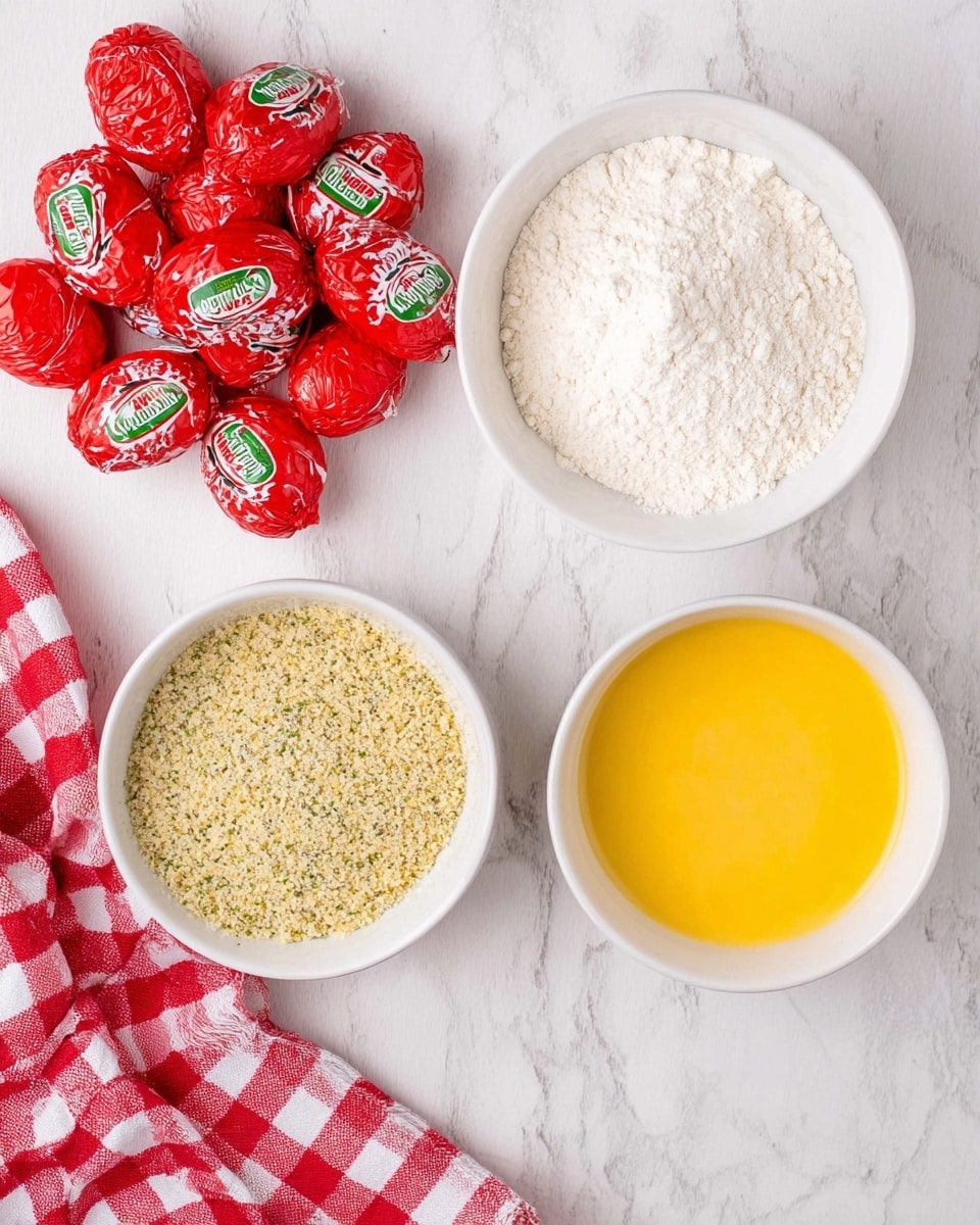 The image shows three white bowls on a white marbled surface, arranged in a triangular shape. The top left bowl is filled with white flour, the top right bowl holds a smooth yellow beaten egg mixture, and the bottom bowl contains a coarse breadcrumb mix with herbs. To the left of the bowls, there is a pile of red Babybel cheese rounds wrapped in shiny red and white plastic with green accents. A red and white checkered cloth is partially visible in the bottom left corner. The view is from above with soft, even lighting photo taken with an iphone --ar 4:5 --v 7