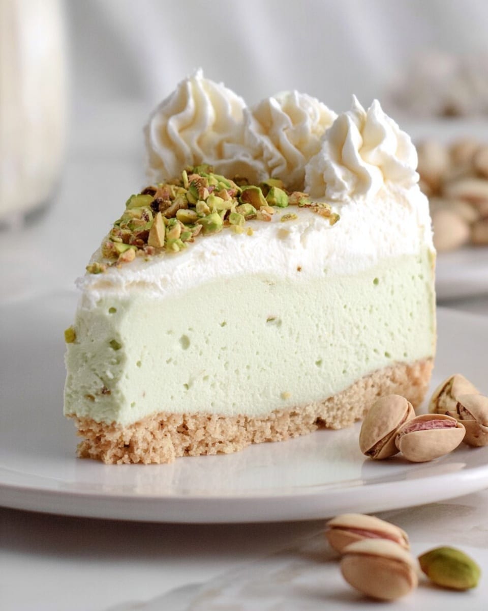 The cake has three clear layers from bottom to top. The first layer is a light brown crumbly crust that forms the base and sides. The second layer is a smooth light green mousse or cream filling that sits above the crust. The third layer is a thick ring of white whipped cream piped around the outer edge on top, with soft swirls in a consistent pattern. The middle of the top layer has a smooth, pale green circle filled with scattered chopped pistachios, giving a mix of green and brown bits contrasting the cream. The cake is placed on a white plate on a white marbled surface. Photo taken with an iphone --ar 4:5 --v 7