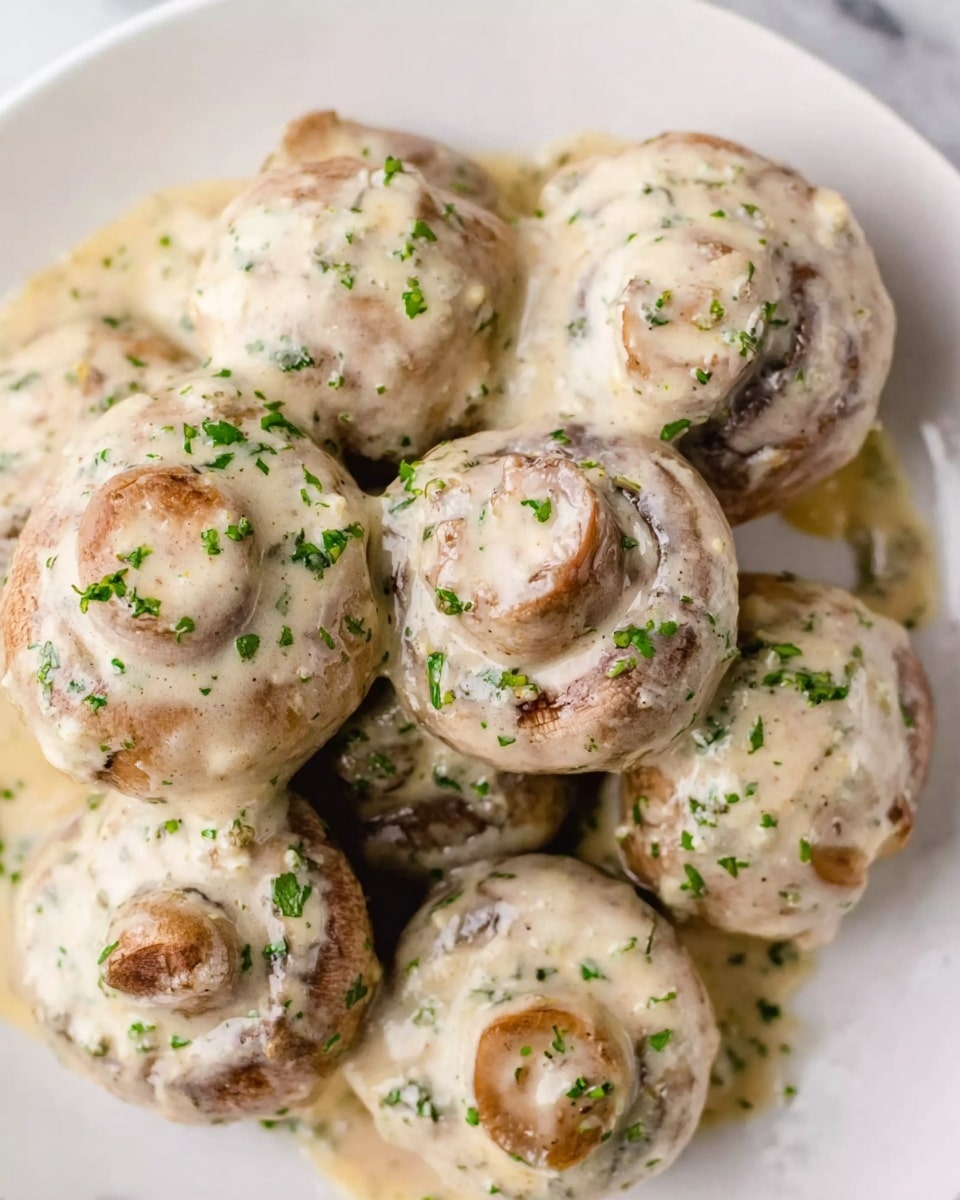 The image shows a close-up of several whole mushrooms covered in a creamy white sauce with green herb bits sprinkled on top. The mushrooms are light brown with visible caps and stems, and the sauce has a smooth, slightly thick texture that coats them evenly. The herbs add small pops of green color across the surface, making the dish look fresh and savory. The mushrooms rest together on a white plate placed on a white marbled surface. photo taken with an iphone --ar 4:5 --v 7