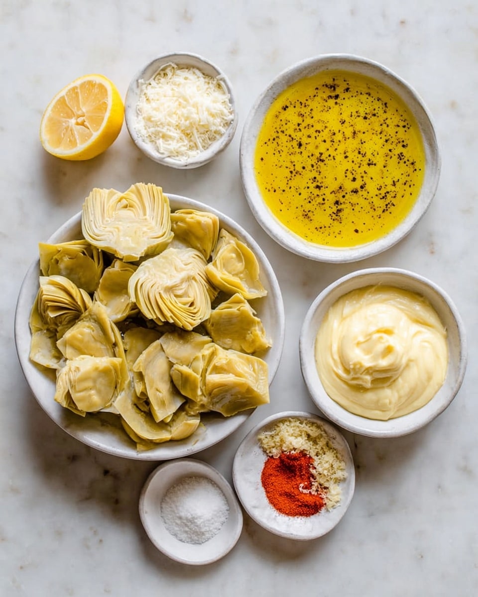 The image shows six white bowls and plates arranged on a white marbled surface. The largest bowl in the middle contains light yellow artichoke hearts, cut into halves and quarters, with a soft texture. To its right is a bowl of creamy, pale yellow mayonnaise with a smooth texture, next to a bowl of golden yellow olive oil dotted with black pepper. Above the olive oil is a halved lemon, revealing a bright yellow inside with visible segments. To the left of the artichoke hearts is a small bowl of finely grated white cheese with a fluffy texture. Next to it, the smallest plate holds piles of finely grated ginger, minced garlic, salt, and a bright red spice, all arranged in small mounds. Photo taken with an iphone --ar 4:5 --v 7
