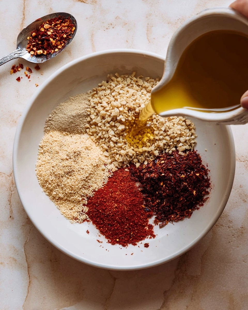 A white bowl holds several piles of spices and powders arranged in a circle: light beige crushed nuts or grains at top and bottom right, bright red powder and chili flakes on the left, and dark red powder near the bottom right. A woman's hand is pouring a golden liquid from a white cup into the bowl on the right side. To the left, a silver spoon holds more chili flakes resting on the white marbled surface. The colors are warm and earthy, and the textures range from coarse grains to fine powders. photo taken with an iphone --ar 4:5 --v 7