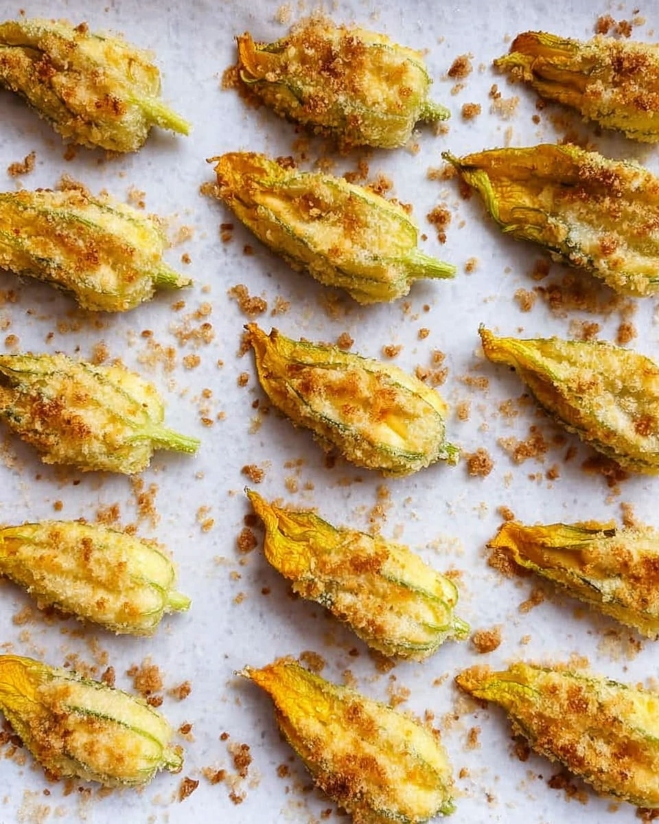 Multiple golden-yellow baked stuffed zucchini flowers are arranged in neat rows on a white marble-textured surface lined with white parchment paper. Each flower has a slightly crispy, crunchy top layer with a mix of golden and light brown tones from baking. The filling inside the flowers is visible in some, adding a softer texture with hints of light green. Small brown crumbs are scattered around the flowers, enhancing the baked look. The top surface shows a mix of light crust and soft textures on the flowers. photo taken with an iphone --ar 4:5 --v 7