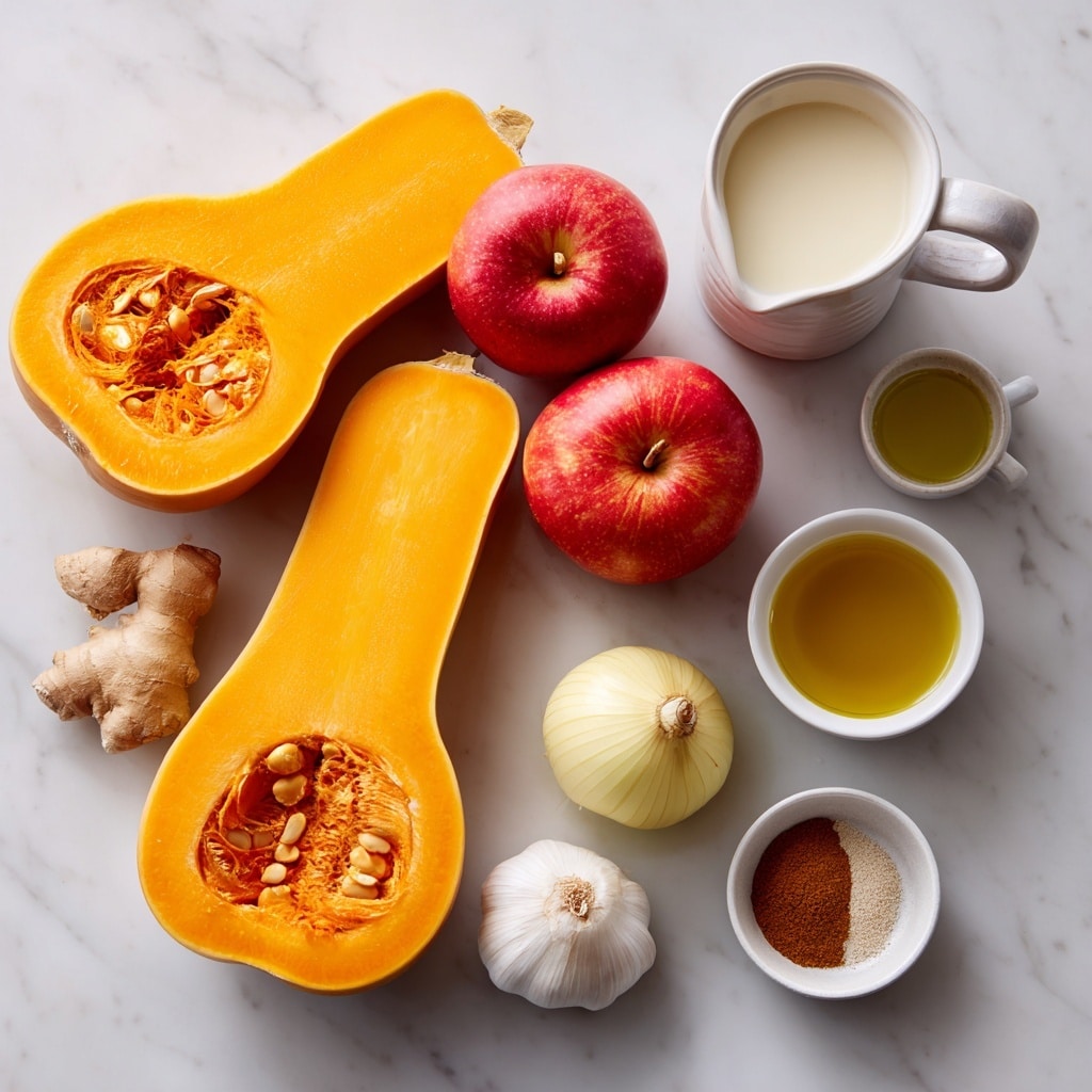 The image shows ingredients arranged neatly on a white marbled surface. On the left, there are two halves of bright orange butternut squash with seeds visible inside. To the right of the squash, there are two red apples with light yellow spots. Below the apples, there is a small yellow onion, a piece of light brown ginger, and two cloves of white garlic. On the right side, several containers hold liquids and spices: a tall white cup with cream, a transparent glass with orange broth, a small white bowl with greenish oil, and a small white dish with a brown cinnamon powder. Each item is spaced clearly apart and labeled with black text. photo taken with an iphone --ar 4:5 --v 7