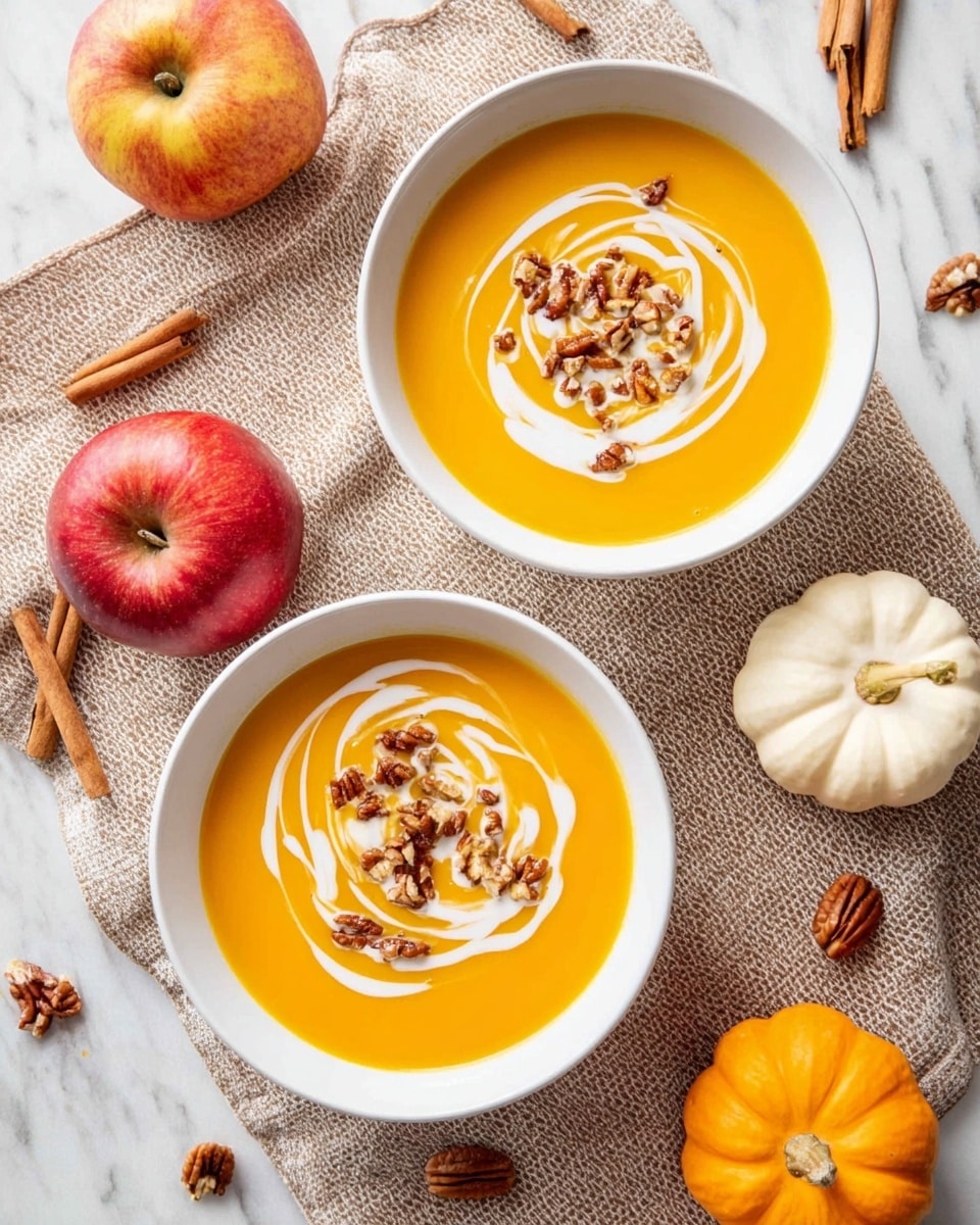 A white bowl filled with smooth orange soup, topped with white cream swirled in a curved pattern and sprinkled with small pieces of chopped pecans mostly in the center. The bowl is placed on a white marbled surface, surrounded by two red apples, one orange mini pumpkin, one white mini pumpkin, a few scattered pecans, and a floral cloth napkin with a silver spoon resting partly on it. Photo taken with an iphone --ar 4:5 --v 7