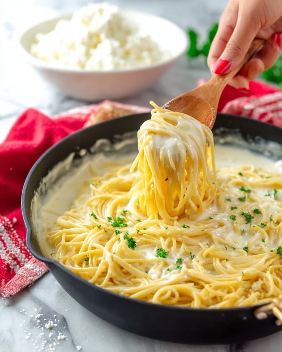 A close-up of a black pan filled with yellow spaghetti noodles covered in creamy white sauce with small green parsley pieces sprinkled on top. A woman's hand with red nail polish is holding a wooden spoon, lifting some of the creamy sauce over the noodles. In the background, there is a white bowl filled with white cottage cheese on a white marbled surface with a red and white cloth nearby. The overall scene is bright with natural light. photo taken with an iphone --ar 4:5 --v 7