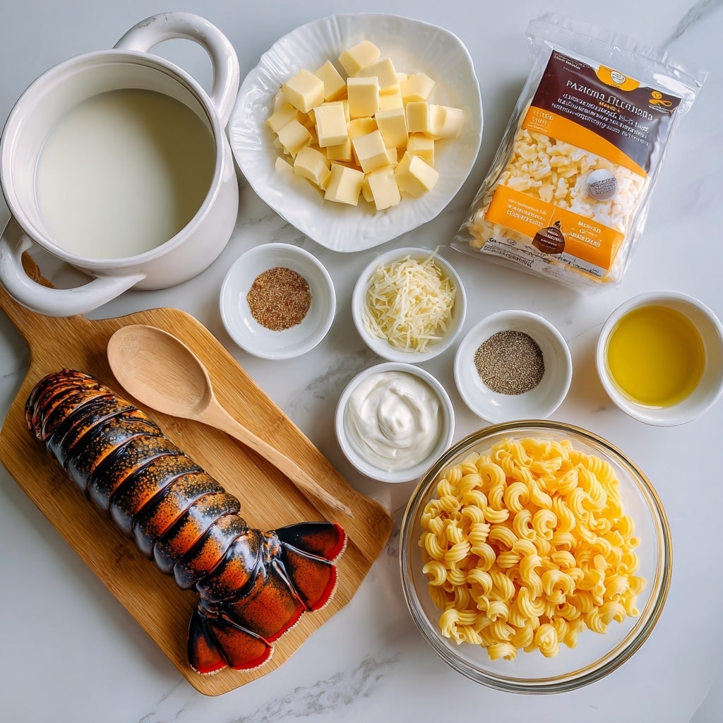 The image shows a white marbled surface with various ingredients for a dish arranged neatly. There is a white pot filled with milk on the top left, next to a package of havarti cheese with orange and black packaging. On a white plate nearby is a lobster tail with dark brown and orange shell colors. Several small white bowls are placed around: one with finely chopped garlic, another with cubed butter, and one with a mix of onion powder, salt & pepper, and chicken bouillon on a wooden board. A wooden spoon with sour cream is laid on the board. A clear glass bowl on the bottom right holds shredded cheddar cheese in yellow tones, while near the bottom left is a small white bowl of olive oil and another bowl of uncooked elbow macaroni. Photo taken with an iphone --ar 4:5 --v 7