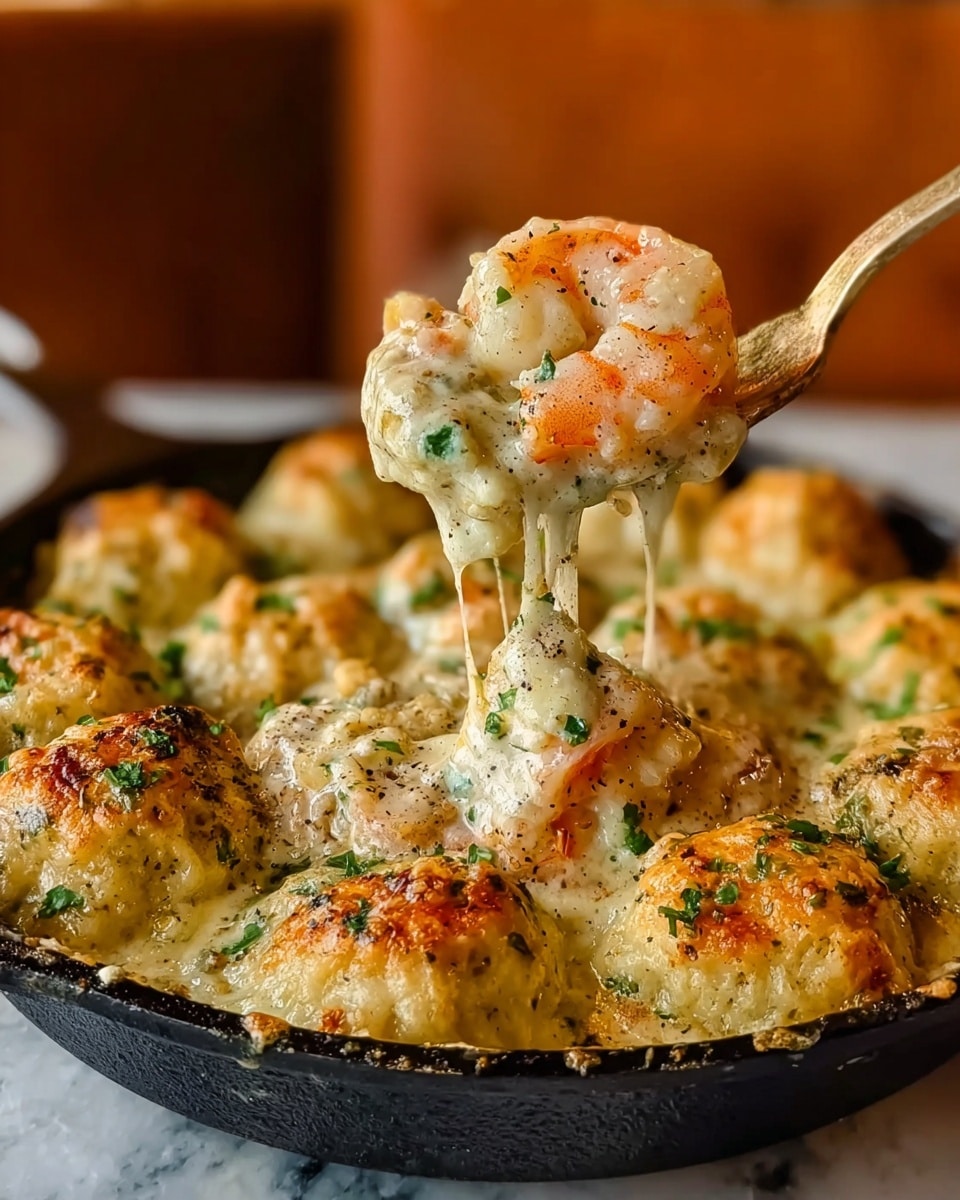 The image shows a skillet filled with golden brown baked cheese dumplings arranged in a circle, each dumpling with a light crispy top and sprinkled with green herbs and black pepper. In the center, a fork lifts one dumpling covered in creamy white cheese sauce mixed with large pink shrimp and more chopped herbs. The cheese sauce is thick and stretchy, dripping slightly from the dumpling. The skillet sits on a white marbled surface, and the background is softly blurred with warm tones. photo taken with an iphone --ar 4:5 --v 7
