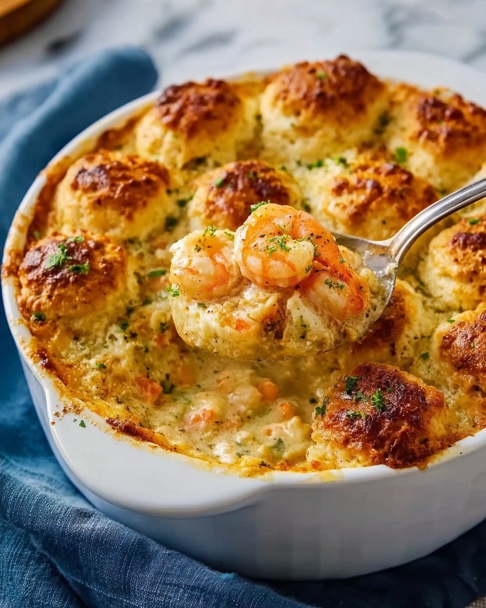 A white oven dish filled with a creamy shrimp casserole topped with golden, puffed biscuit pieces. The top layer shows browned, slightly crispy biscuit biscuits in uneven shapes, with sprinkled green herbs. Beneath the biscuit layer is a thick, creamy sauce with visible shrimp and bits of herbs, giving a textured, rich look. A spoon lifts one biscuit piece, revealing tender shrimp and creamy sauce inside. The dish sits on a white marbled surface with a blue cloth nearby. Photo taken with an iphone --ar 4:5 --v 7