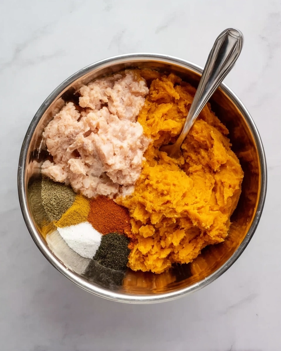 In a shiny metal bowl on a white marbled surface, there are two main layers side by side: a pale pink minced chicken on the left and bright orange mashed sweet potato on the right, with a silver fork resting in the sweet potato. Along the bottom edge inside the bowl are several scattered spices and powders in small mounds, featuring colors like white, dark green, black, and orange, arranged closely together in a line. Photo taken with an iphone --ar 4:5 --v 7