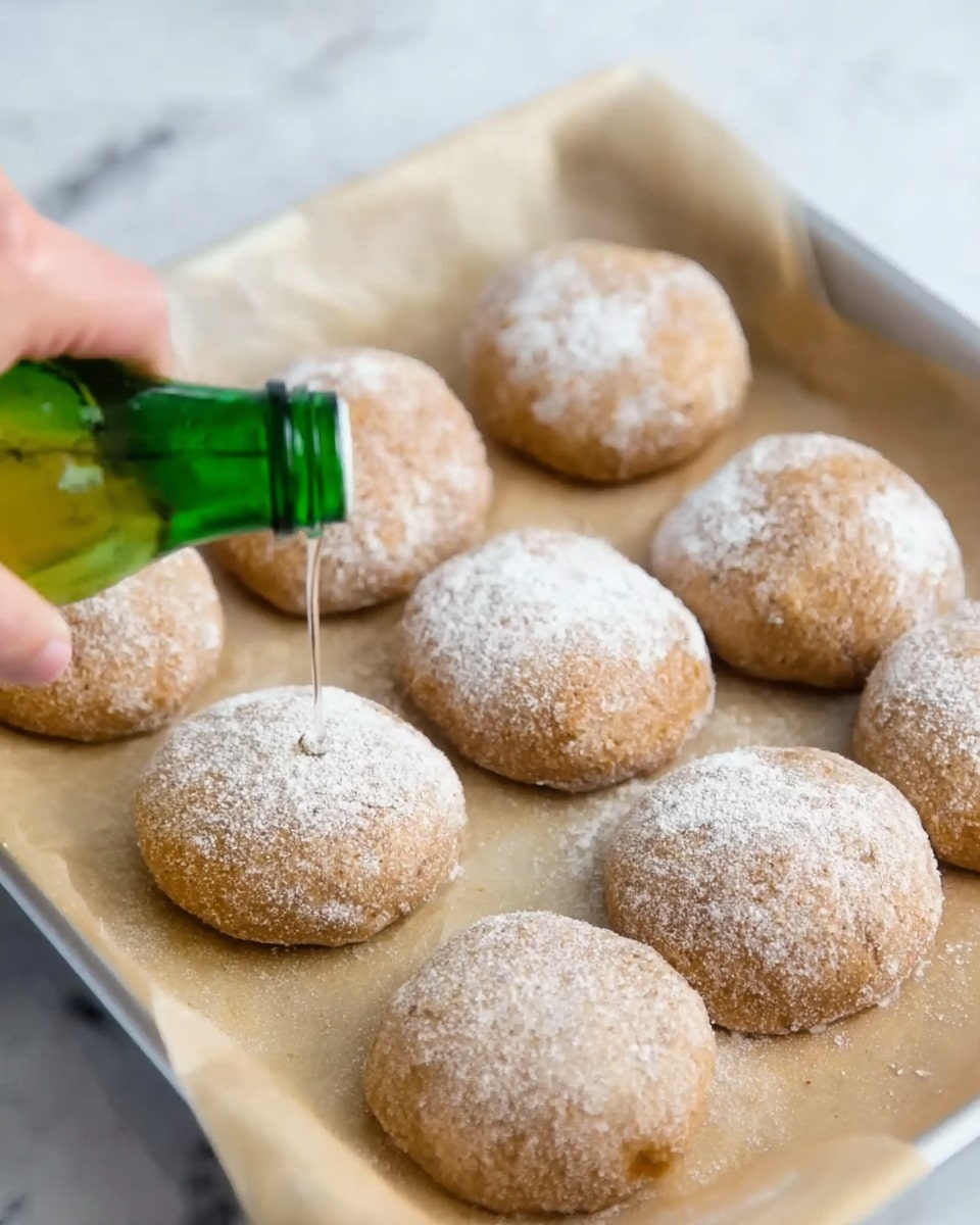 Several round dough balls with a light brown color and some dusted with white flour are placed on a baking tray lined with parchment paper on a white marbled surface. A woman's hand is shown holding a green bottle, pouring a light liquid over the dough balls. The dough balls have a slightly rough texture and are spaced out evenly on the tray. Photo taken with an iphone --ar 4:5 --v 7