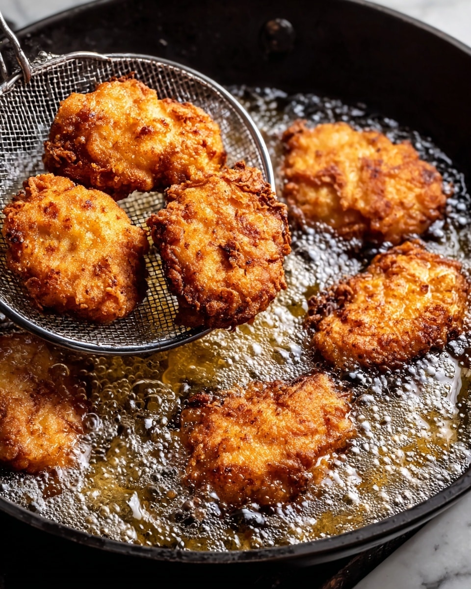 In the image, five pieces of golden-brown fried chicken are held by a metal skimmer above bubbling oil in a black skillet. The chicken pieces have a crispy, textured coating with spots of darker brown from frying. In the oil below, more chicken pieces are partially submerged, with bubbles around them showing active frying. The skillet edges are rough and cast shadows, and the scene is close-up, focusing on the hot frying process. The background is a white marbled texture. photo taken with an iphone --ar 4:5 --v 7
