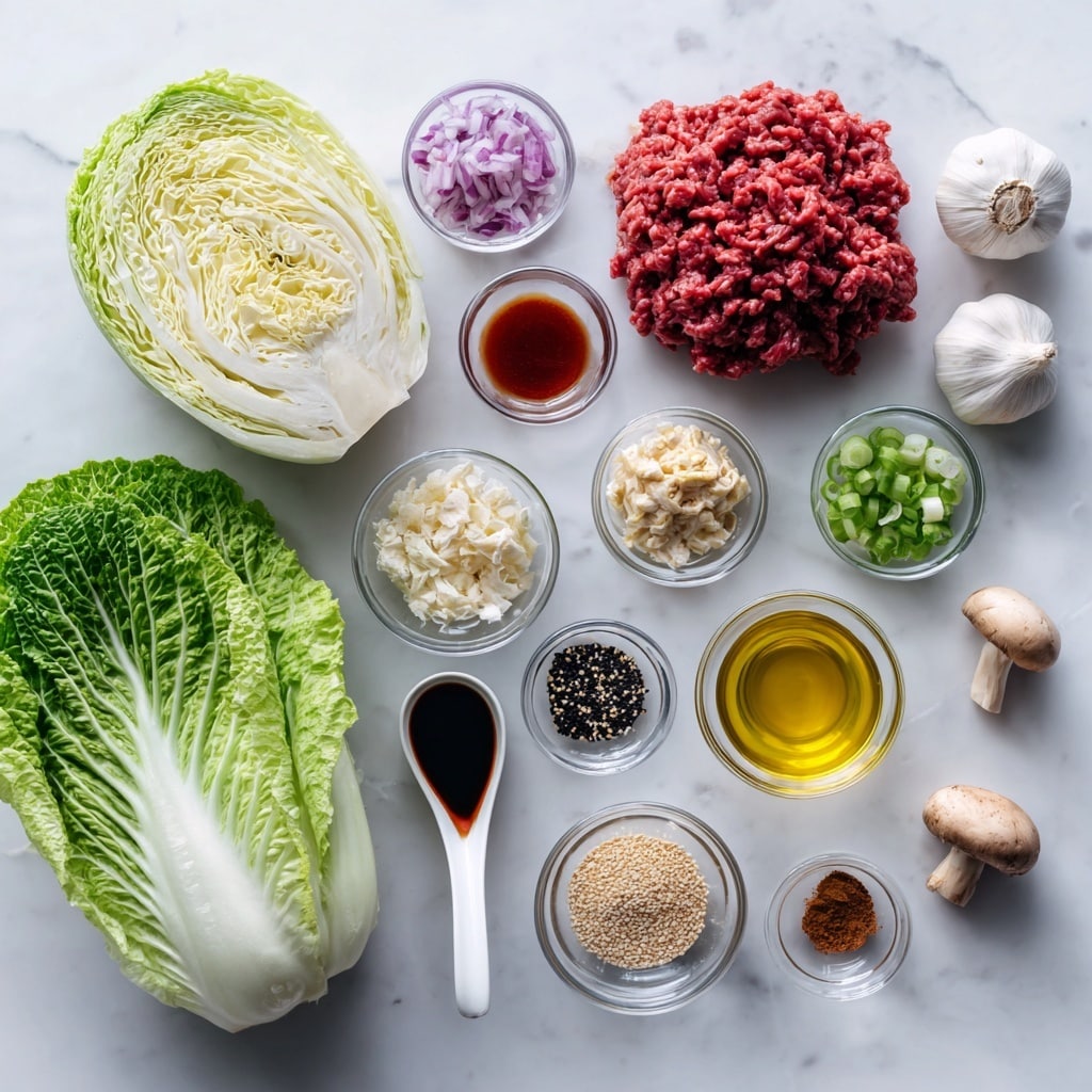 The image shows several ingredients neatly arranged on a white marbled surface. On the left side, there is a leafy green napa cabbage leaf. Next to it, a pack of red raw ground beef sits flat on the surface. Above and around the beef, there are small clear glass bowls holding finely chopped red onion, minced garlic, chili sauce, sesame seeds, chopped mushrooms, green onion slices, finely grated ginger, sesame oil, brown sugar, soy sauce in a white spoon, and regular oil, all showcasing different colors and textures from purple, white, red, brown, yellow, and black. The ingredients are evenly spaced in a grid-like manner. photo taken with an iphone --ar 4:5 --v 7