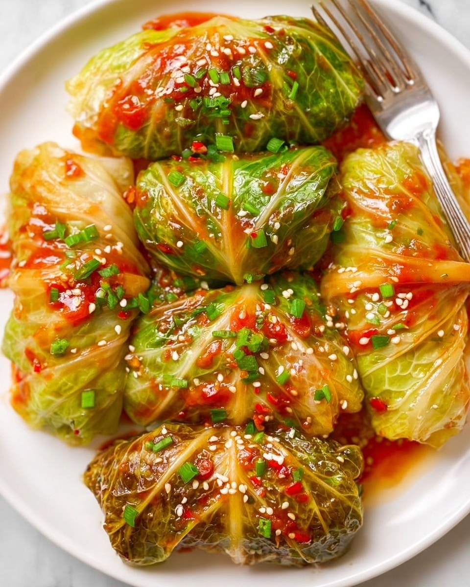 The image shows five cabbage rolls arranged on a white plate. Each roll is wrapped tightly in light green cabbage leaves that have a slightly soft and cooked texture with brownish edges. The rolls are topped with a shiny orange-red sauce that has small bits of red chili and green herbs. White sesame seeds and small pieces of chopped green onion are sprinkled over the cabbage rolls. In the corner of the plate, a silver fork is visible, and the plate rests on a white marbled surface. Photo taken with an iphone --ar 4:5 --v 7