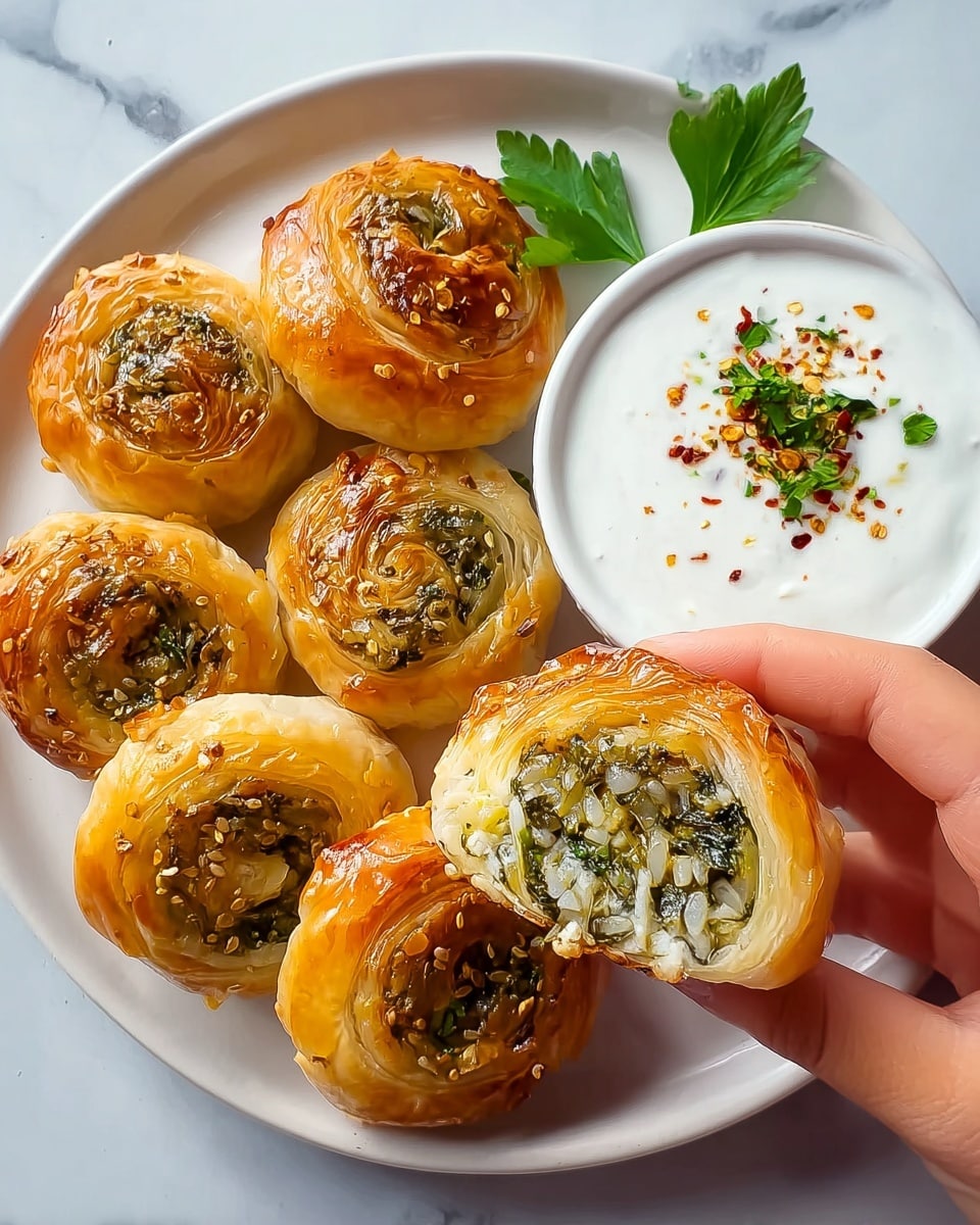A white plate on a white marbled surface holds a circular arrangement of eight golden brown, shiny pastry rolls with flaky layers. One pastry roll is held up by a woman's hand, showing inside it is filled with a mix of green leafy vegetables and white grains. On the plate, next to the pastries, is a small white bowl filled with white yogurt sauce topped with red spices, cracked black pepper, and small green herb pieces. A green parsley garnish is placed near the bowl. Photo taken with an iphone --ar 4:5 --v 7