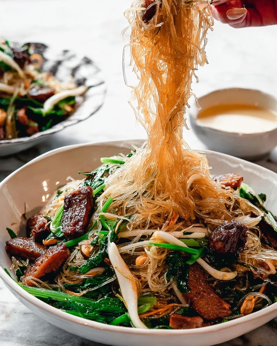 The dish shows a white bowl filled with thin, translucent noodles mixed with browned meat pieces, green leafy vegetables, and sliced white onions. The noodles are lifted by a woman's hand, creating a tall, tangled swirl above the bowl. The meat pieces are dark brown and slightly shiny, scattered evenly among the noodles and vegetables. The green vegetables are vibrant and fresh, contrasting with the translucent noodles and caramelized meat. In the background, there is another bowl with a white marbled surface under it and a small white cup containing a light colored sauce or broth. The light is bright and natural. photo taken with an iphone --ar 4:5 --v 7