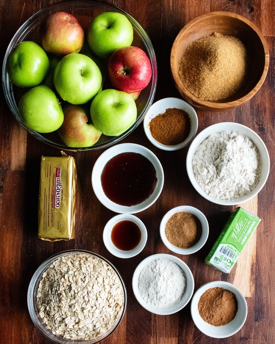 A clear glass bowl filled with a mix of green and red apples sits at the top left, surrounded by smaller white bowls holding different ingredients: light brown sugar in a wooden bowl at the top right, ground cinnamon in a small white bowl just below it, another small white bowl with a darker brown spice at the bottom right, a bowl filled with flour near the center right, and a larger white bowl with more flour at the bottom left. A medium white bowl filled with oats is just right of center, next to a wrapped gold butter stick labeled Kerrygold. Two small white bowls containing dark and red liquid sauces are placed between the glass bowl of apples and the oats bowl. All items are arranged on a dark wooden surface changed in final prompt to a white marbled texture. photo taken with an iphone --ar 4:5 --v 7