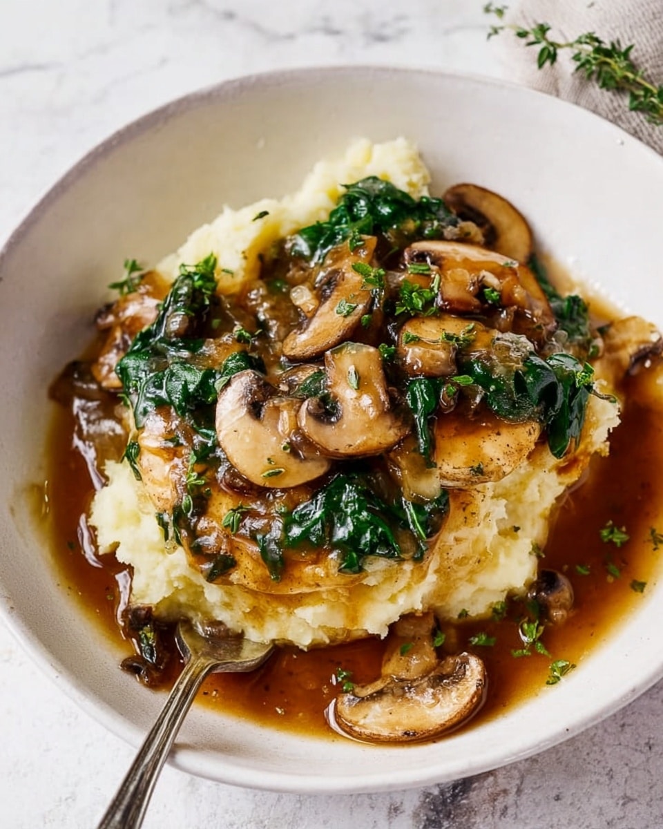 A white bowl holds a layered dish with mashed potatoes forming the bottom layer, showing a rough and creamy texture. On top of the mashed potatoes are thick slices of light golden cooked food, covered with a sauce topped with wilted dark green spinach leaves and sliced brown mushrooms. The sauce around the layers is glossy and brown, pooling slightly at the bottom of the bowl. Small green herb pieces are scattered over the dish as garnish. The bowl sits on a white marbled surface, and a fork is placed at the bottom edge inside the bowl. Photo taken with an iphone --ar 4:5 --v 7